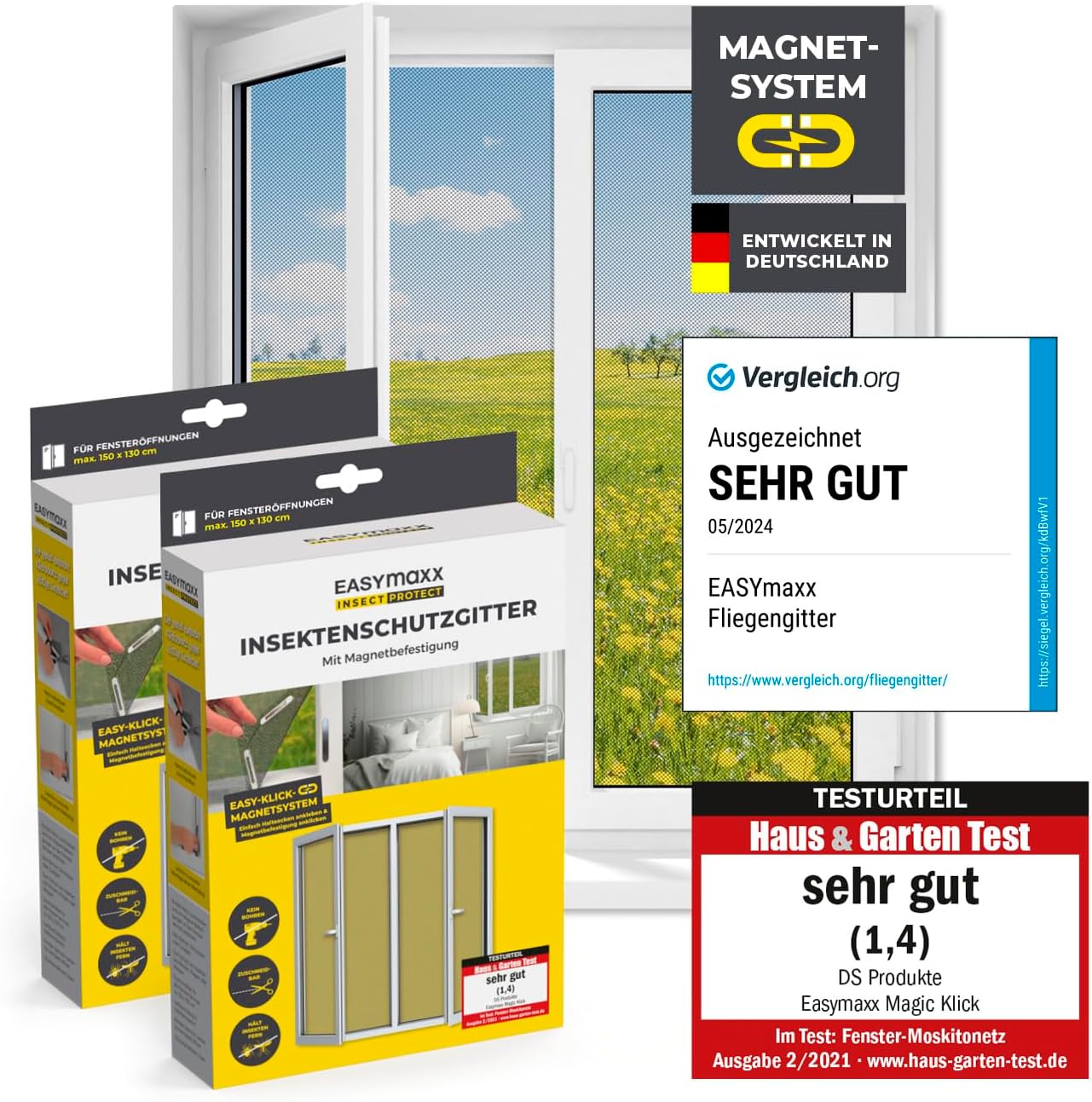 EASYmaxx Fliegengitter für Fenster mit Magic Click | Moskitonetz individuell zuschneidbar für alle Fenster bis 150 x 130 cm | Einfache Montage mit 12 Magneten - kein Bohren oder Schrauben [2 Stück]