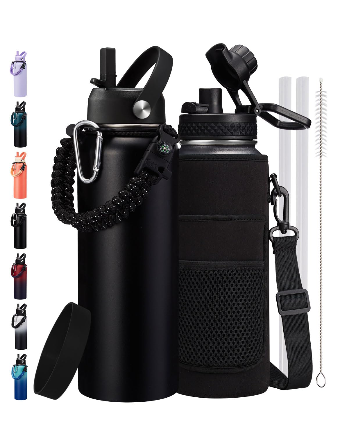 40 oz Insulated Water Bottle - Cold 48H & Hot 24H, Reusable Metal Water Bottle Hydro Cup with Paracord Handle Straw Spout Lids, Carrier Bag, Wide