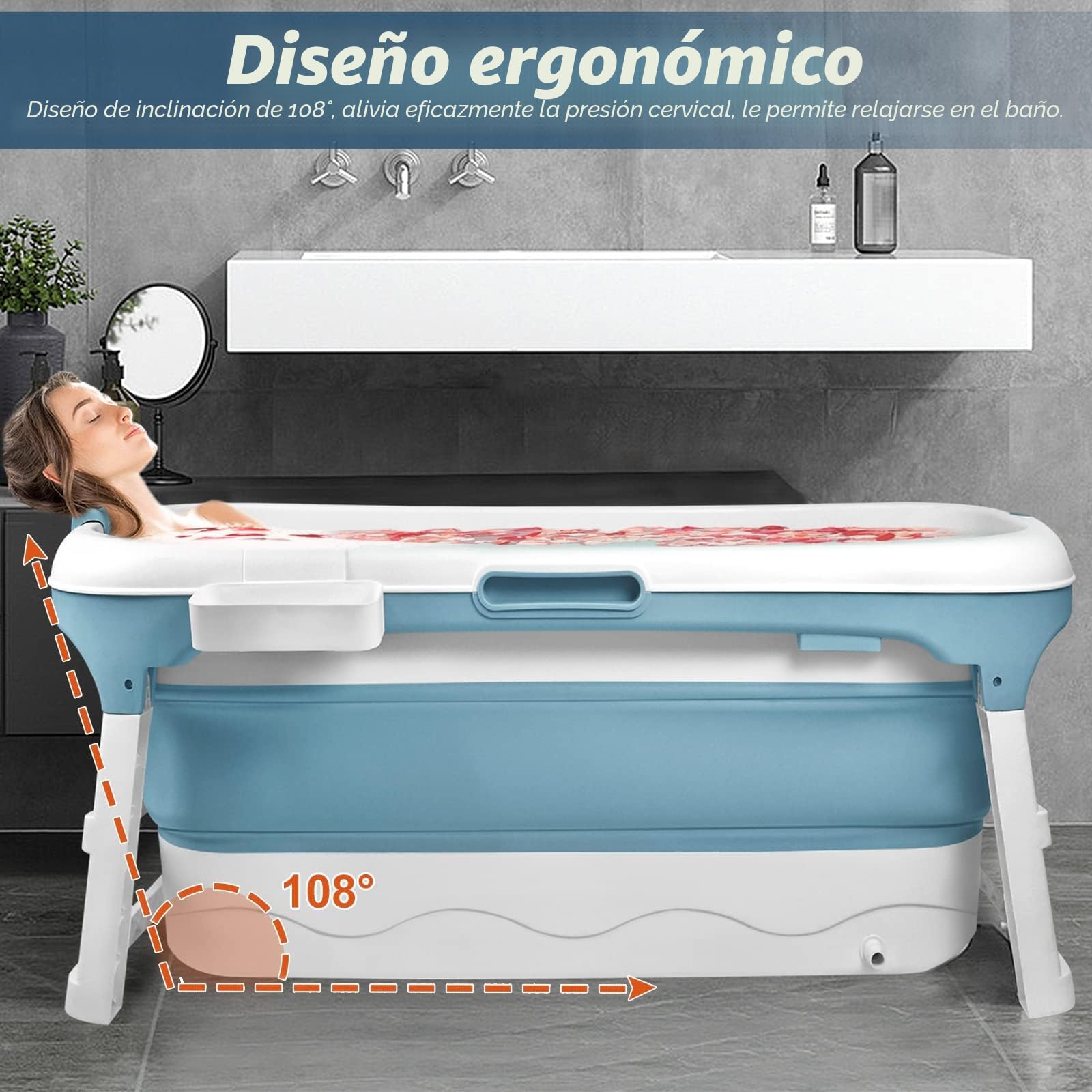 ACXIN Bañera plegable para adultos, bañera móvil con cubierta, cesta de jabón extraíble, ruedas de masaje, práctica y portátil, ideal para baños pequeños (148 x 62 x 53 cm)