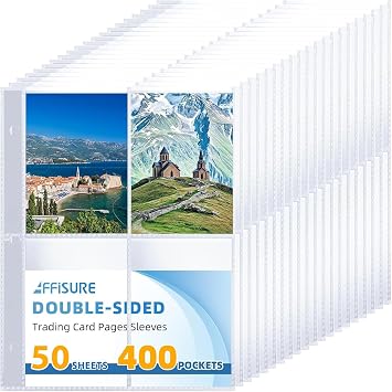 400 Pockets 4 Pocket Card Sleeves,Double-Sided 4 Pocket for 3 Ring Binder, Fit 2.5x3.5 Cards, 50 Sheets A5 Binder Sleeves,Top Loading Page Protector, Ultra Clear for Photos, Postcards, Trading Cards