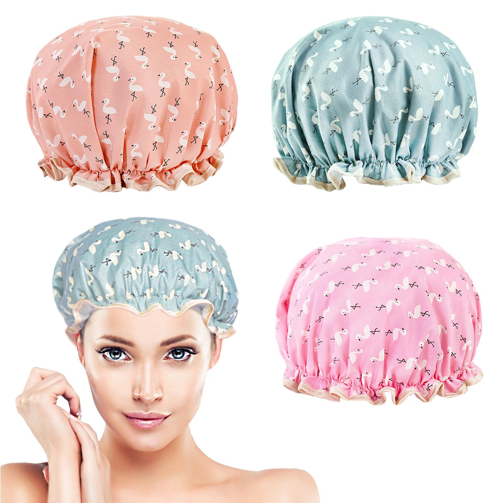 KEYRI 3 Piezas Elástico Gorros de Ducha para Mujer, Gorro de Baño con Doble Capa Gorro de Ducha de Impermeable, Talla Única Gorros de Ducha Reutilizables con Motivo de Flamencos (Rosa+Naranja+Azul)