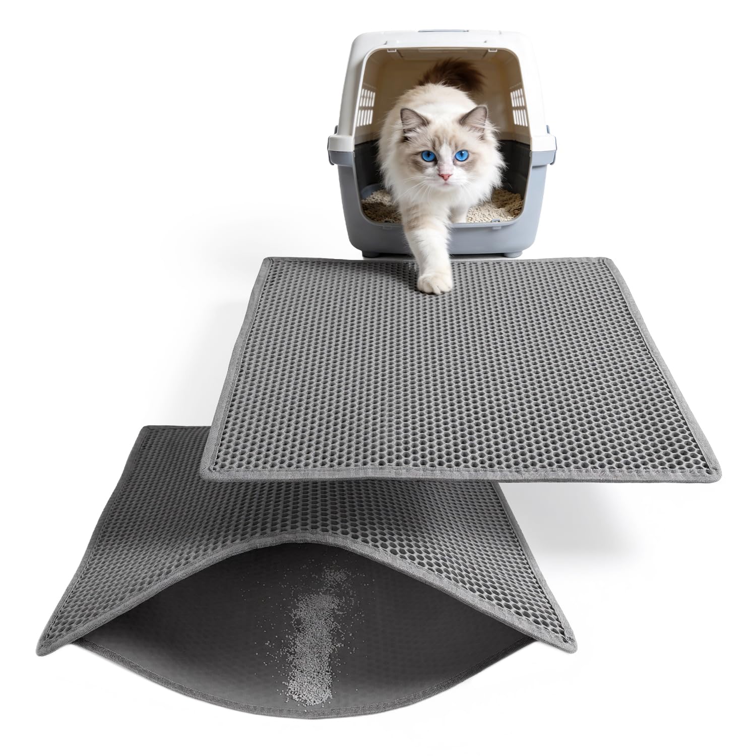 Kaxionage Cat Litter Mat, 30"X24" Large Double Layer Litter Trapping Mat, Waterproof/Urineproof, Easy to Clean Kitty Litter Mats for Floor, Scatter Control (Grey-2Pack)