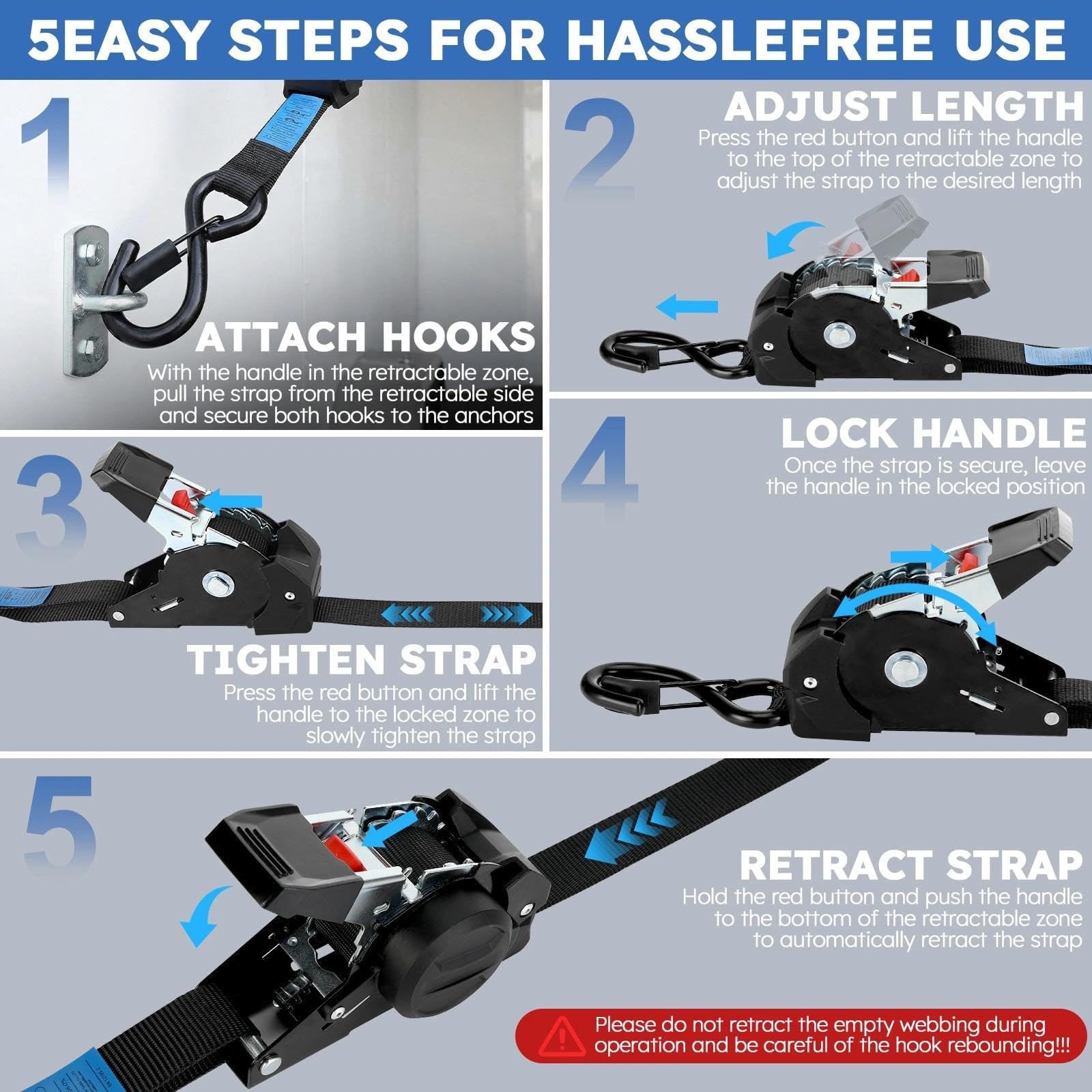 4 Piezas Correas de Amarre con trinquete retráctiles, Amarre Automáticas | 3m 25mm con Ganchos en S, Resistencia máxima a la Rotura de 700 kg, para Camiones, remolques, Motocicletas