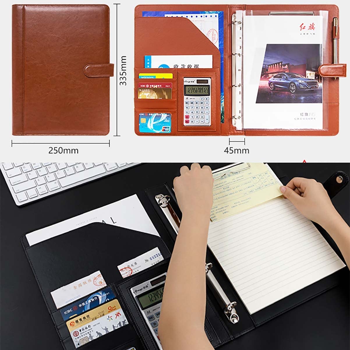 Organizador de Carpetas Padfolio Carpeta de 4 Anillas Carpeta de Cuero de PU Entrevista de Negocios Organizador de Documentos con Funda for Recibos y Tarjetero(Brown,12 bit Calculator)