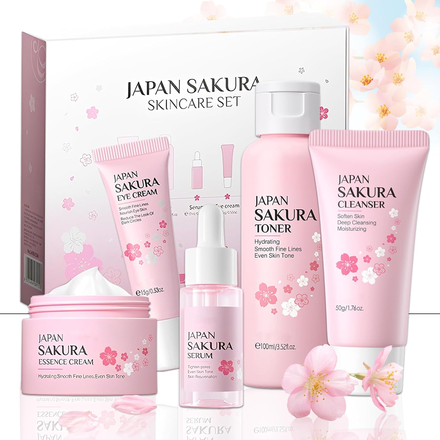 Japan Sakura Skincare Set, Sakura Face Care Gift Set with Toner, Cleanser, Essence, Face Cream & Eye Cream, Sakura Face Care Set for Girls Women Face Cleansing