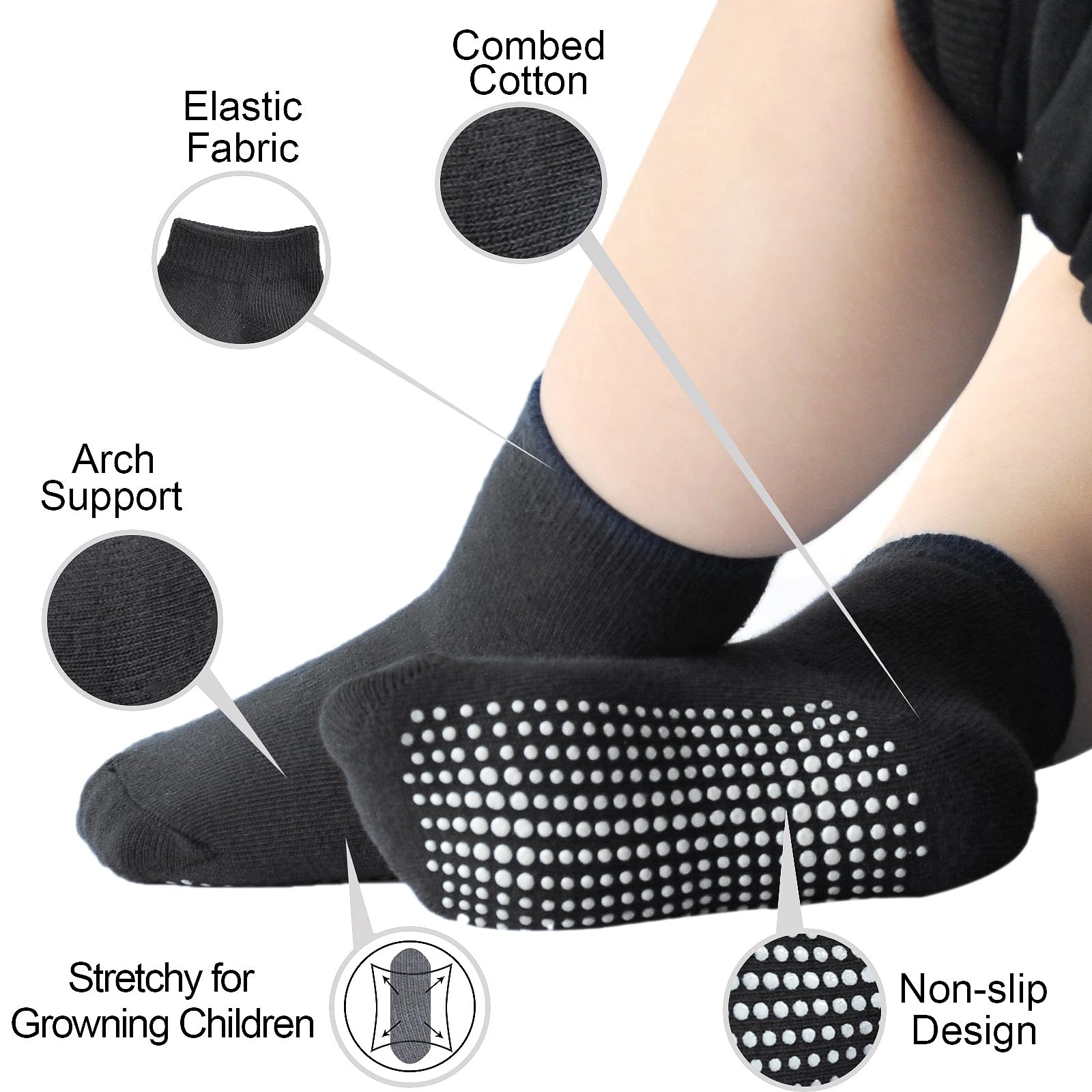 EPEIUS Baby Anti Slip Crew Socks 12 Pack with Grips for Toddlers Little Boys Girls Infants Kids Non Skid Value Pack,6-12 Months Black/White/Grey