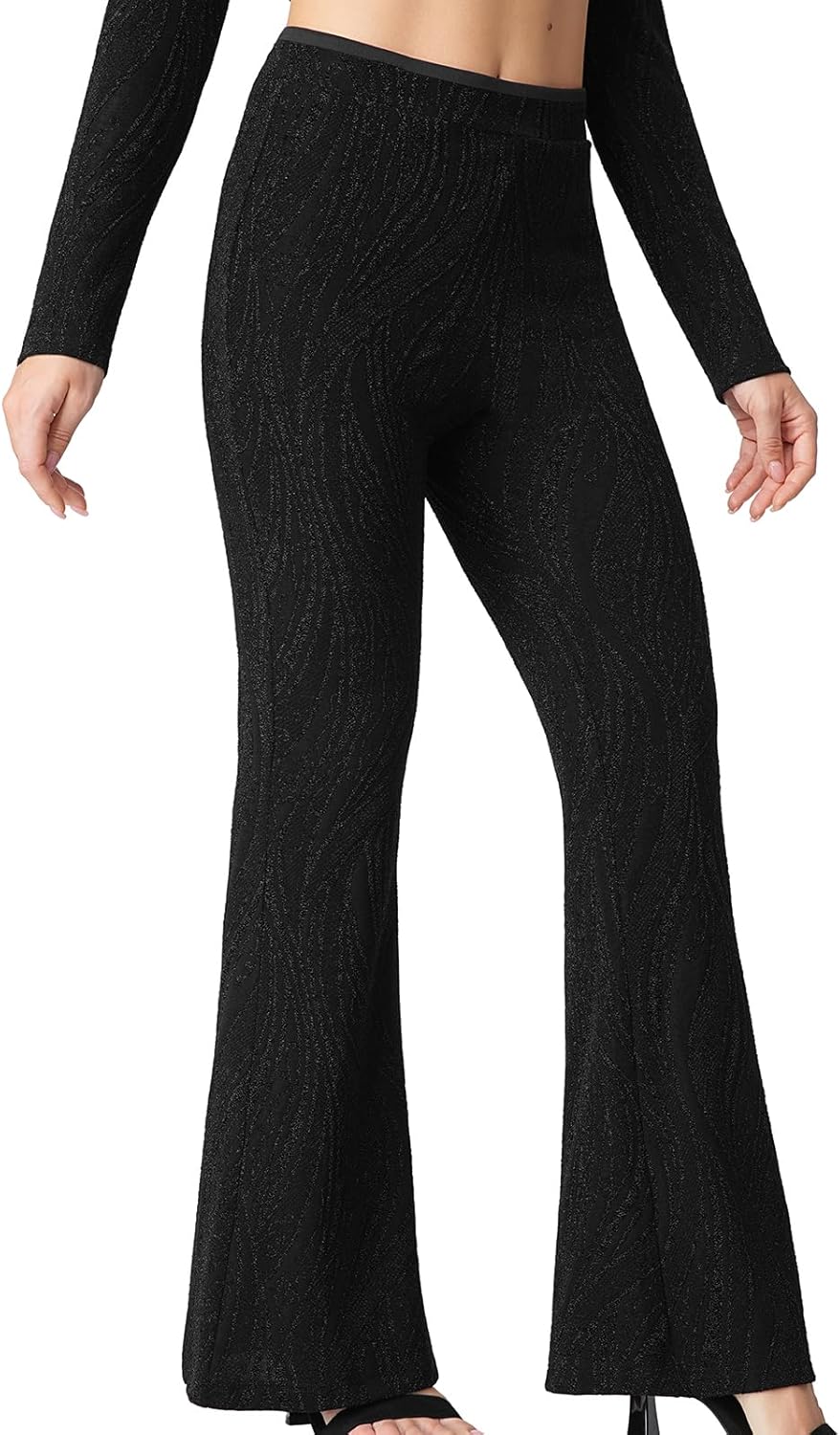 Women's Rhinestone High Waisted Bell-Bottoms with Sequin and Elastic Flared Pants 70s Disco Party Club Pants