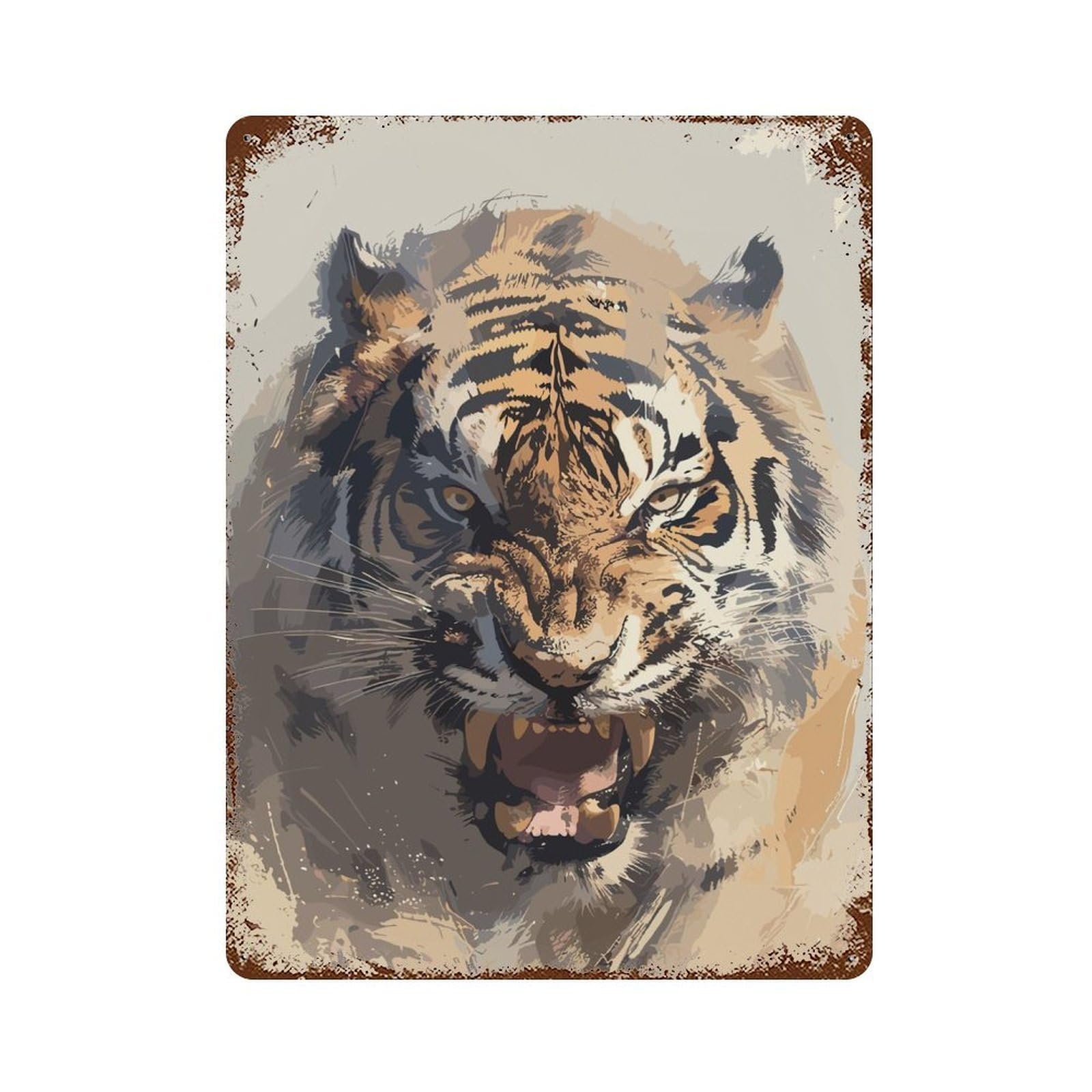 Rusty Metal Tin Sign with Angry Tiger Design 15.7"x11.8", for Garage, Bar And Workshop Decor, Decorative Metal Wall Art