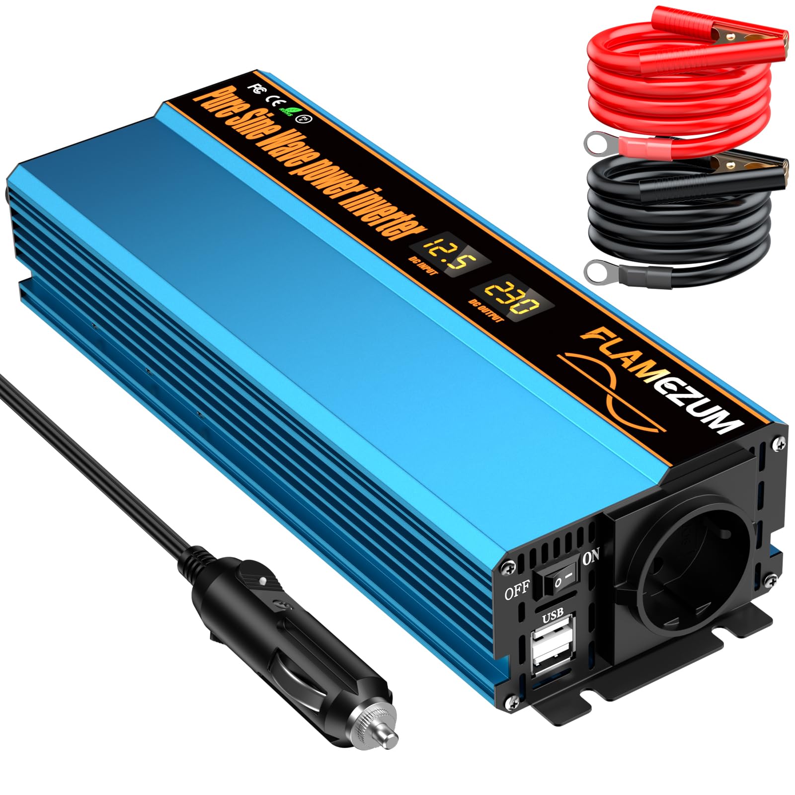 Convertitore di tensione 1000w 12v a 230v Inverter onda sinusoidale pura con 1 presa UE e 2 caricabatterie da auto USB Inverter solare di potenza Convertitore DC AC Convertitore di corrente