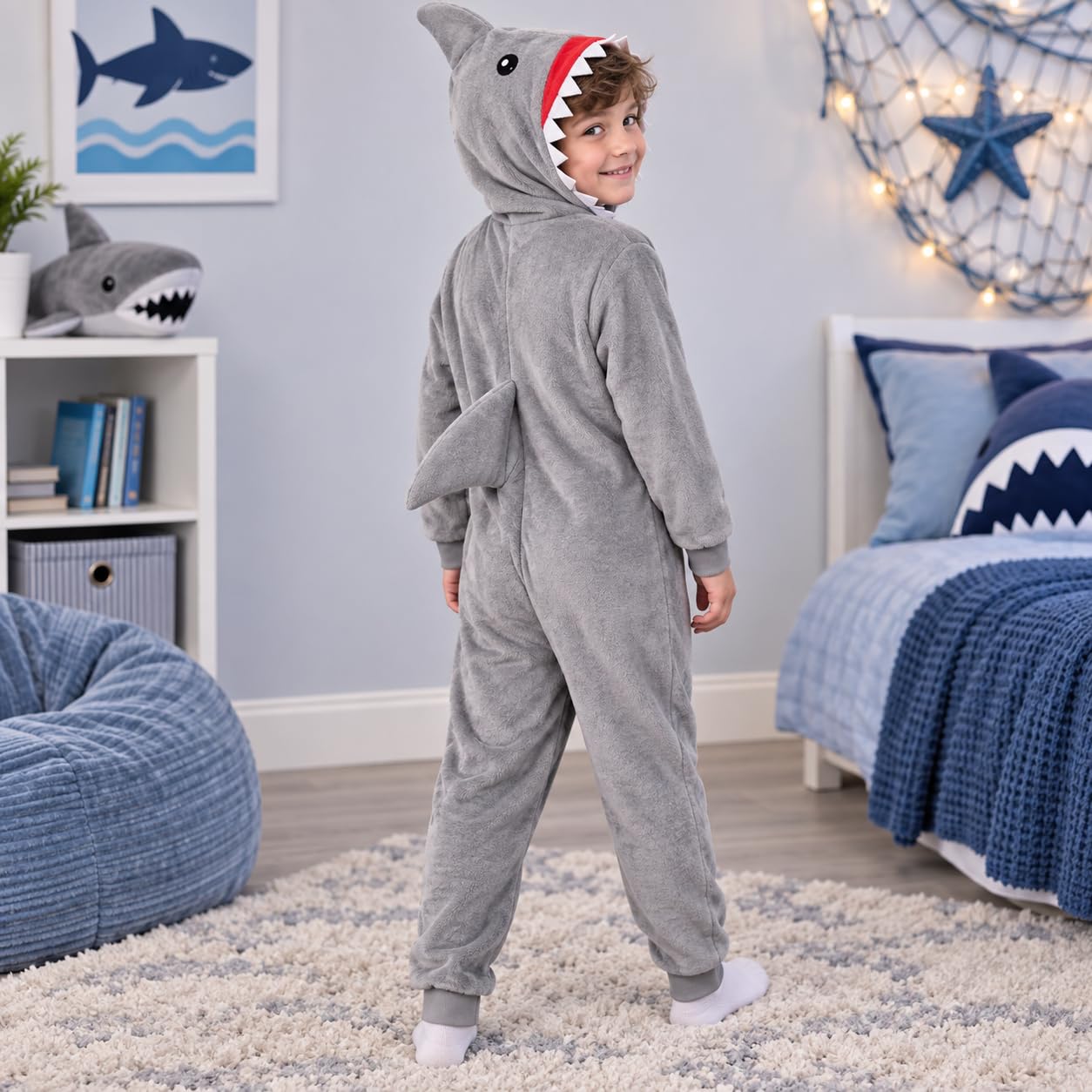 A2Z 4 Kids Mädchen Jungs Shark Kostüm Kinder Tiergesicht Jumpsuits Weicher Plüsch Fleece Playsuit Kinder Mit Kapuze Sleepsuit Kinder One Piece Shark Suit All in One Xmas Shark Pyjama Alter 2-14 Jahre