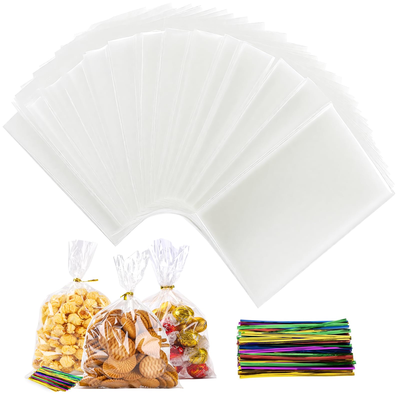 100 Pezzi Sacchetti Trasparenti per Confezioni 25x15cm, Bustine Cellophane per Pane Fresco Caramelle, Biscotti, Frutta, Gioielli con 100 Bande Metalliche per Feste Matrimonio Compleanno Bambini Regalo