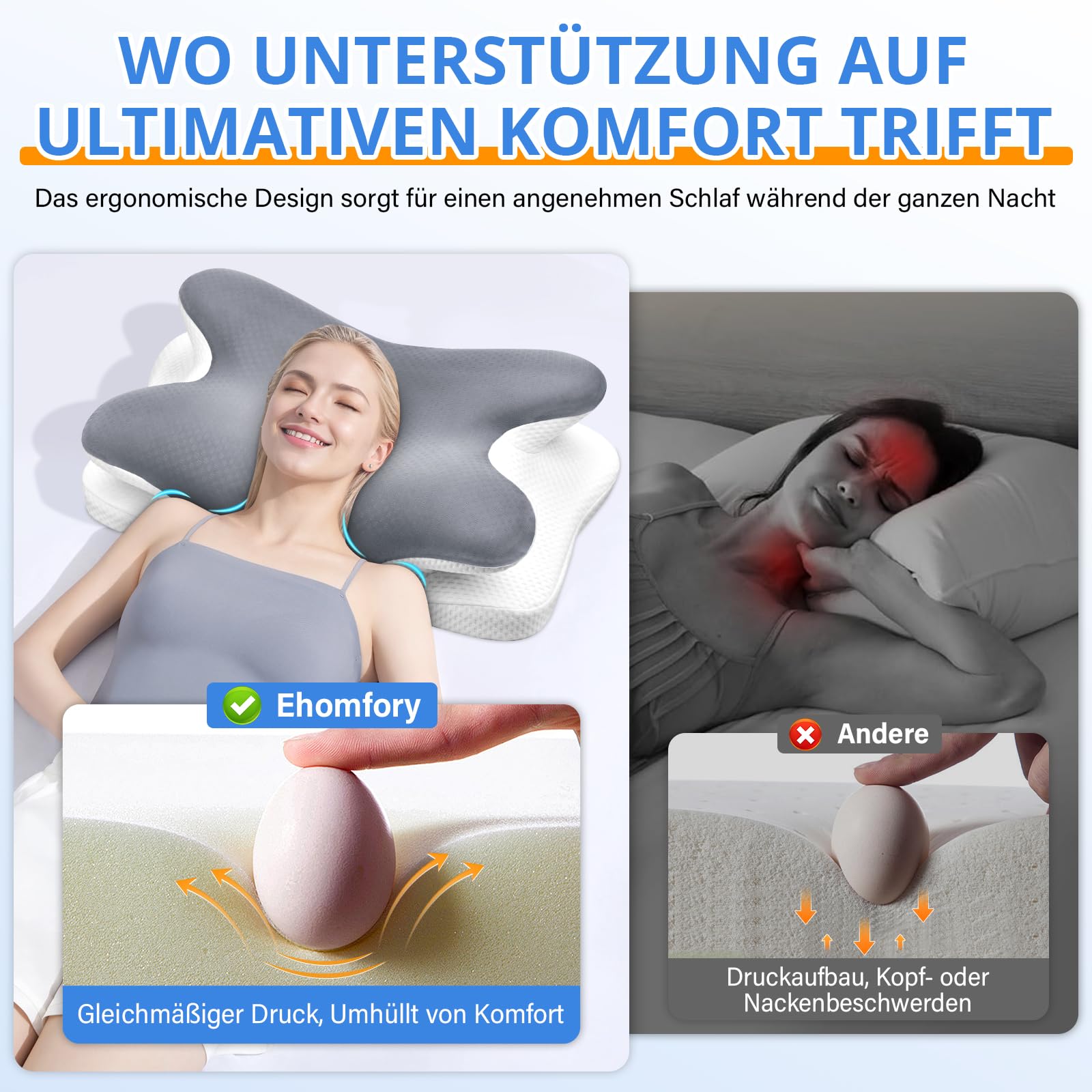 Ehomfory Nackenkissen Kopfkissen Nackenstützkissen Memory Foam Kissen, Ergonomisches Seitenschläferkissen für Seiten, Rücken & Bauchschläfer, 67x37x9/12 cm