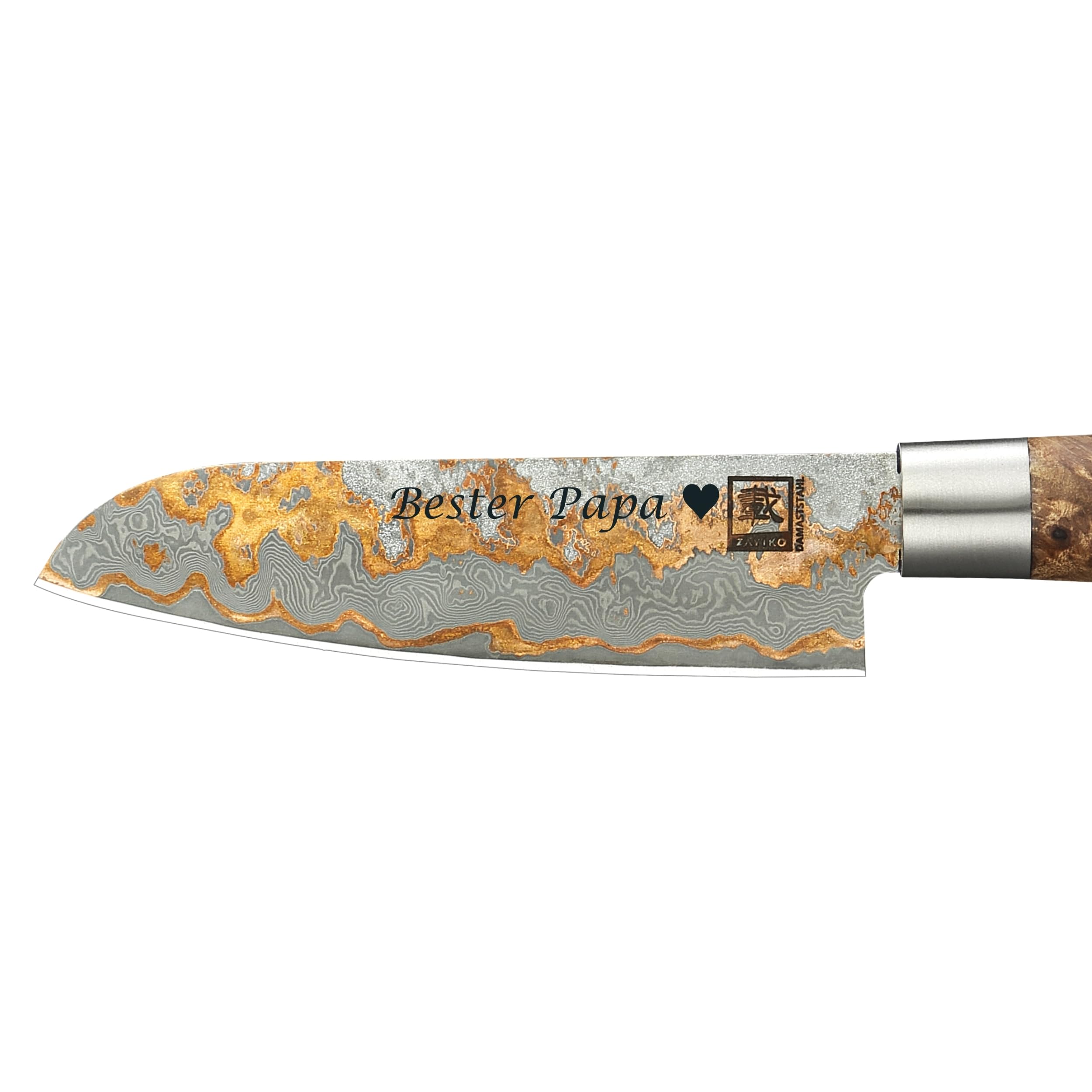zayiko MysticMagma kleines Santokumesser mit Gravur – Personalisiertes Messer, 12 cm Damaststahl-Klinge, Kupfer- & Bronzeinlay, Ahornwurzelholzgriff – Messer mit Gravur personalisiert, Geschenkbox