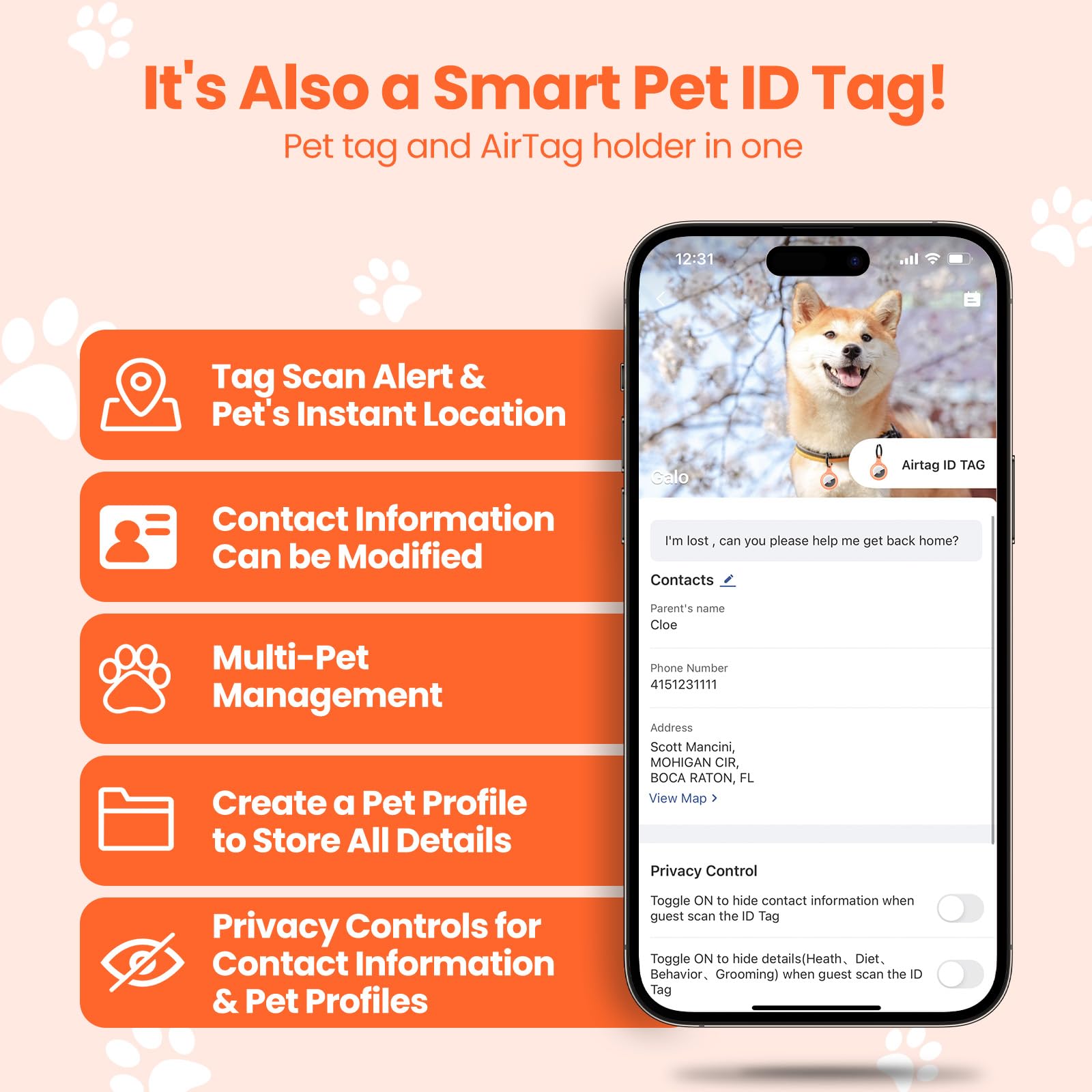 AirTag Holder & Collar for Pets. GPS Tag & App with Smart QR ID for Instant Location Pet Profile and Contact Info. Dog Tracker or Cat Tracker (Orange) - Image 4