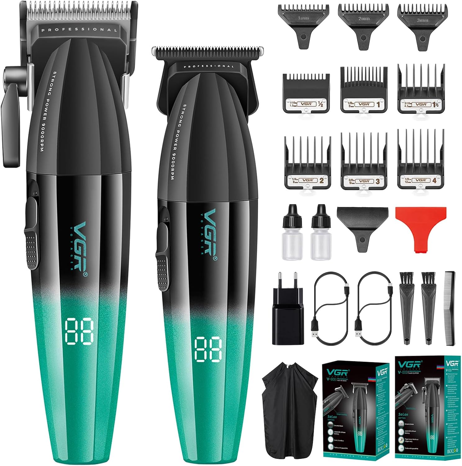 VGR Professionele Tondeuse en Trimmer Set voor Mannen, Barber Tondeuse Set, 9000RPM Zero Gap T Blade Trimmer, Draadloze Knipset met 9 Opzetkammen, DLC Mes, LED Display