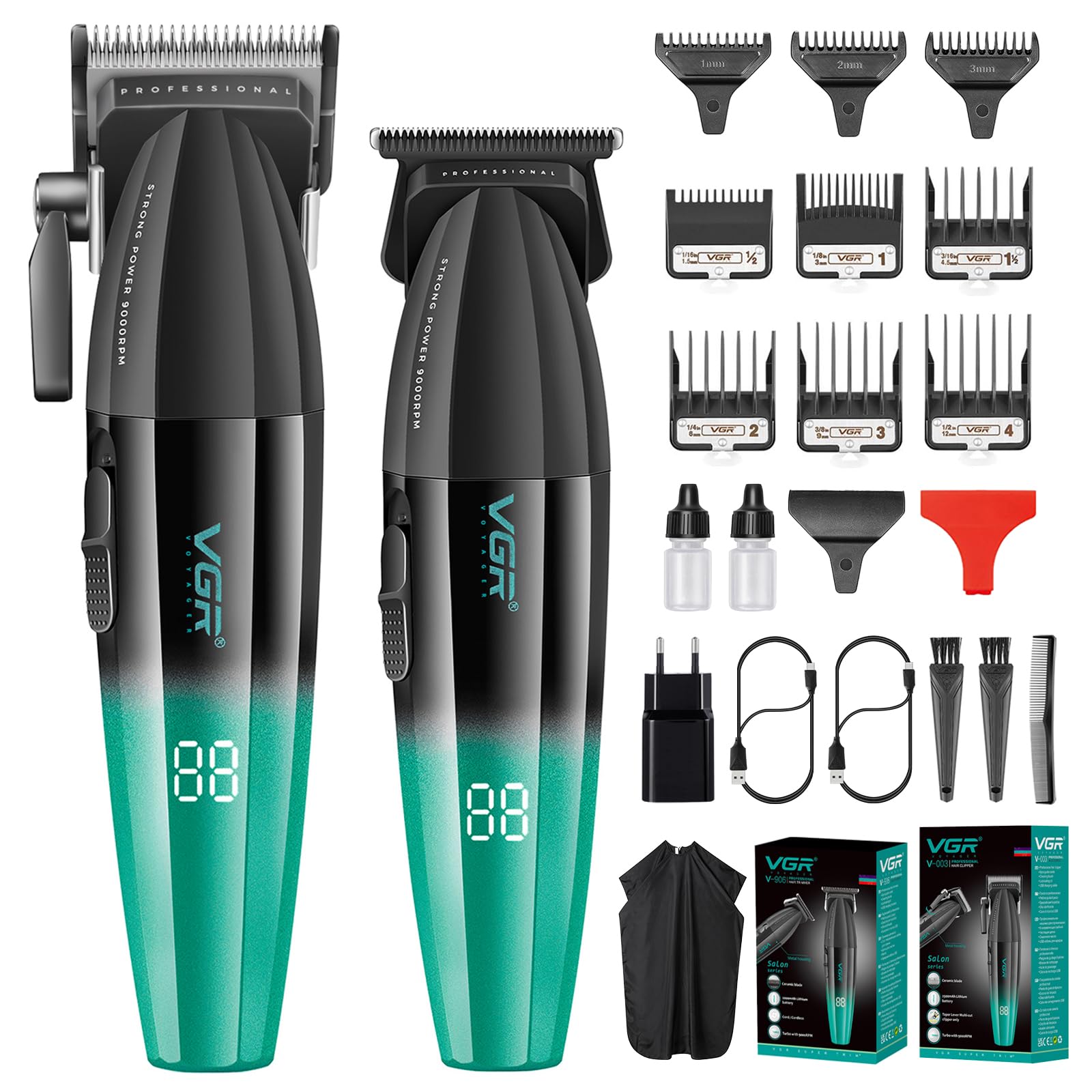 VGR Tagliacapelli Uomo Professionale Taglia Capelli Elettrico Senza Fili Kit Barbiere Macchinetta per Capelli 9000 Giri/min Set Taglia Barba e Capelli Uomo Senza Fili Ricaricabile, 9 Pettini Guida
