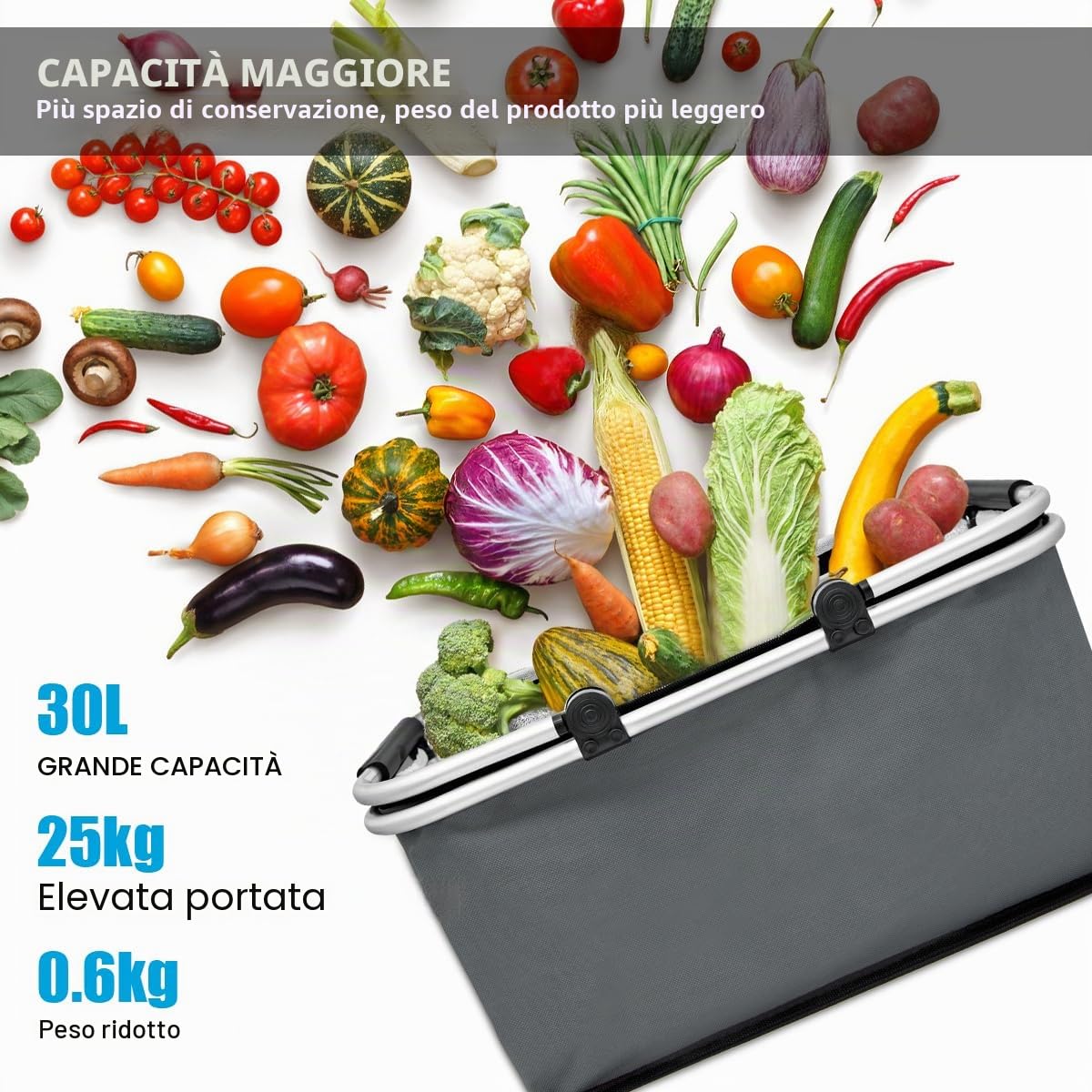 Cestino da Picnic 30 Litri, Grande Cestino Picnic Pieghevole, Borsa Termica con Manico in Alluminio Impermeabile Portatile Oxford Cesto picnic con Coperchio per Shopping (Grigio)