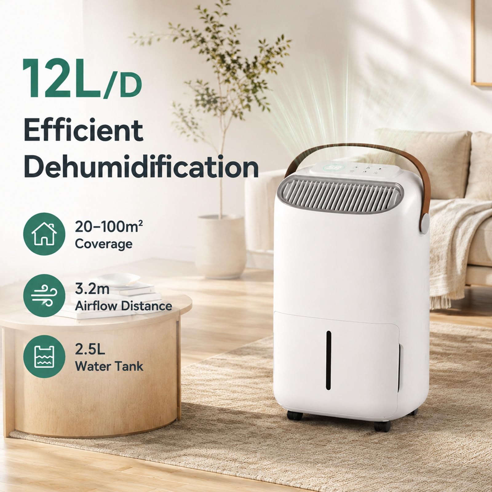 Deshumidificador de 12 L/día, para sótanos, hogares y baños | Control inteligente de humedad, panel de control táctil, temporizador de 24 horas, ruedas universales de 360° y asa
