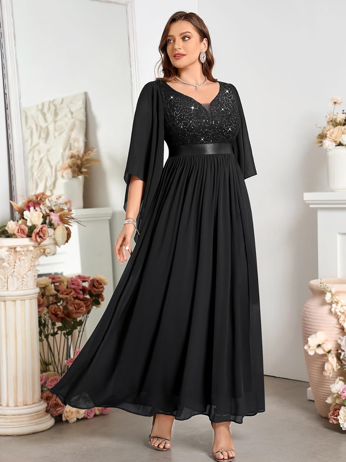 MISSMAY Women's Plus Size Deep V Neck Sequins Lace with Cape Cloak Sleeves Formal Evening Wedding Maxi Dress - Image 4