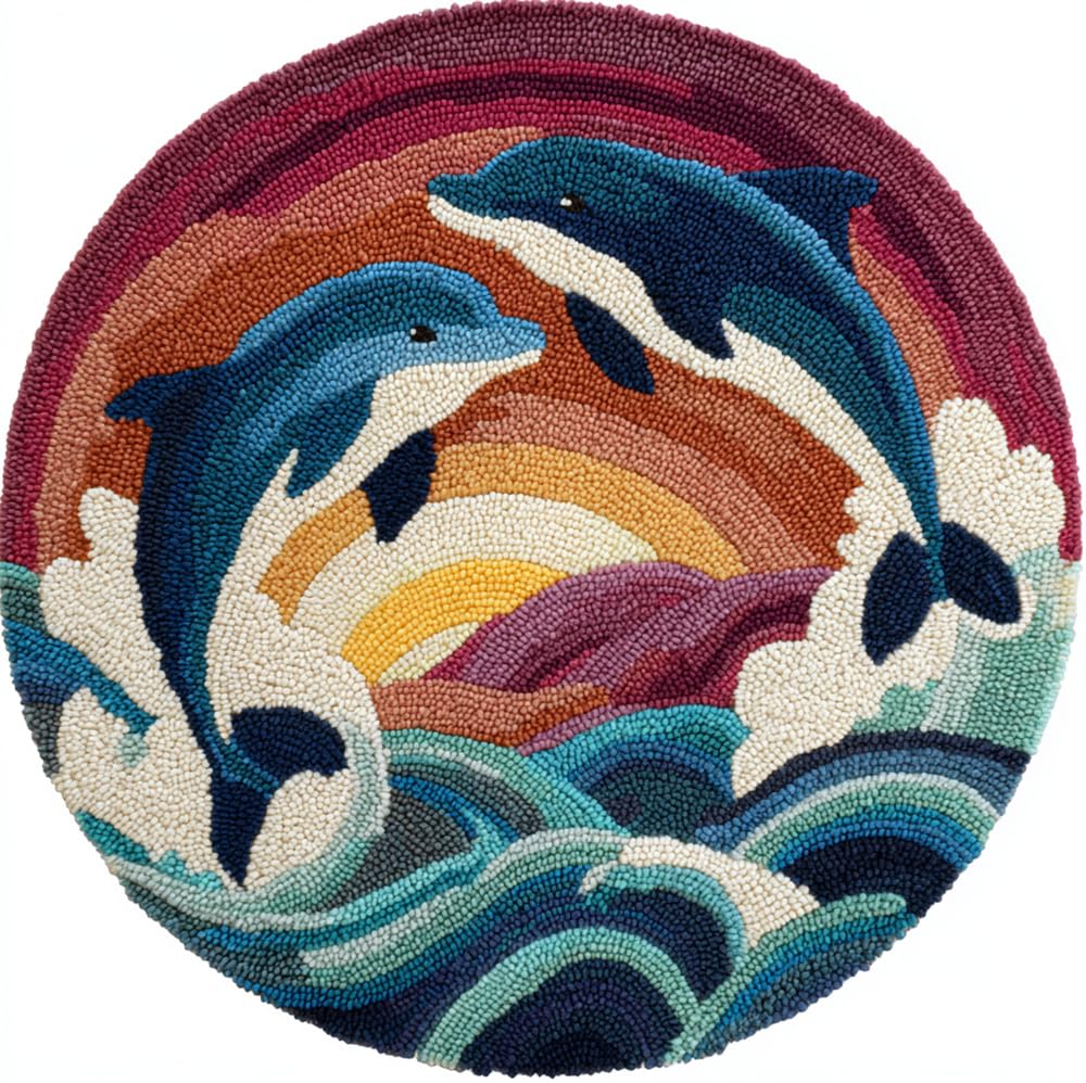 kitphoenix Round Shape Latch Hook Kits Rug Playing Dophins 20X20Inch (50X50Cm) DIY Cushion Rug Carpet Making Crochet Hook Kits Preprinted Pattern Canvas Cushion Arylic Yarn Hooking Kits Mat Kits