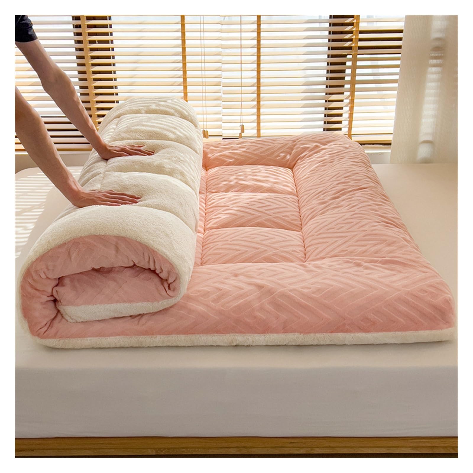 Meiiron Japanese Floor Mattress, Foldable Futon Bed Mattress, Quilted Mattress Topper Pad, Cotton Roll Up Sleeping Pad, Floor Bed Tatami Mat(Pink,180x200cm)