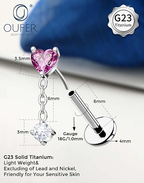 OUFER Body Piercing de Labret en Corps: Bague en Titane sans fil 18G avec Cœur en CZ pour Femmes Bijou de Piercing pour Cartilage Tragus Helix Bouchon de Lèvre Barre de 6mm en Or/Argent - 2