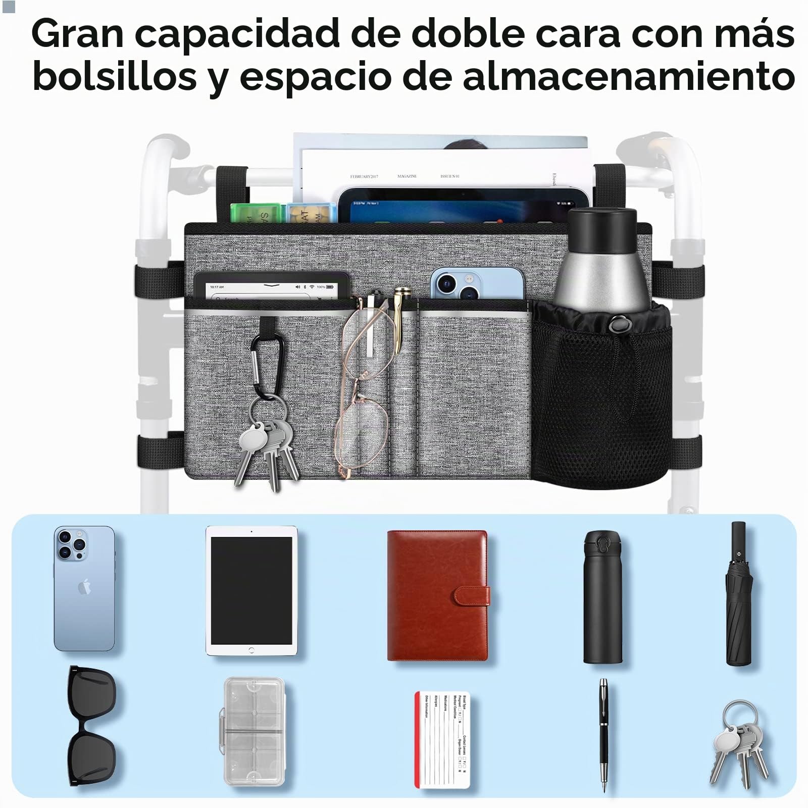 FINPAC Bolsa Andador con Portavasos, Grande Bolsa de Asas para Accesorio de Silla de Ruedas, Plegable Manos libres Organizador Walker Tote Bag para Ancianos, Senior,