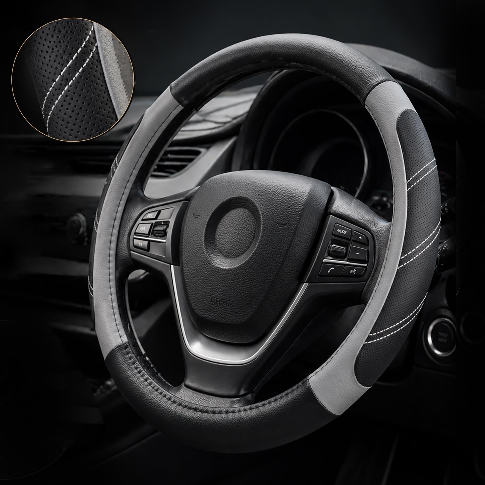 Elantrip Steering Wheel Cover for 14.5" to 15" Wheels, Soft Padded Grip with Anti-Slip Inner Lining, Breathable Comfort for Daily Driving, Easy Stretch Fit for Cars, SUVs and Trucks, Black/Gray