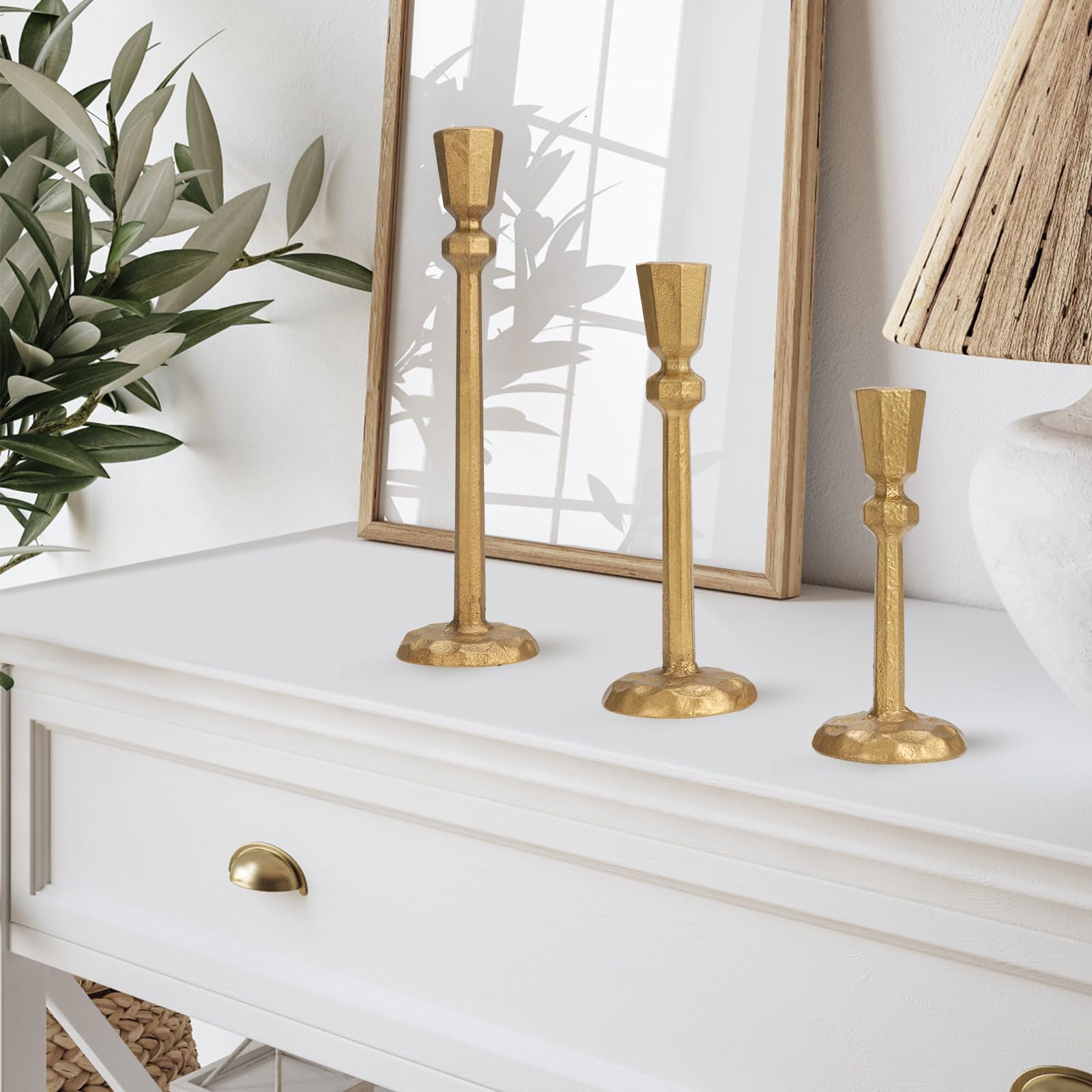 Snapklik.com : Heavy Duty Cast Iron Gold Candlestick Holders Set Of 3 ...