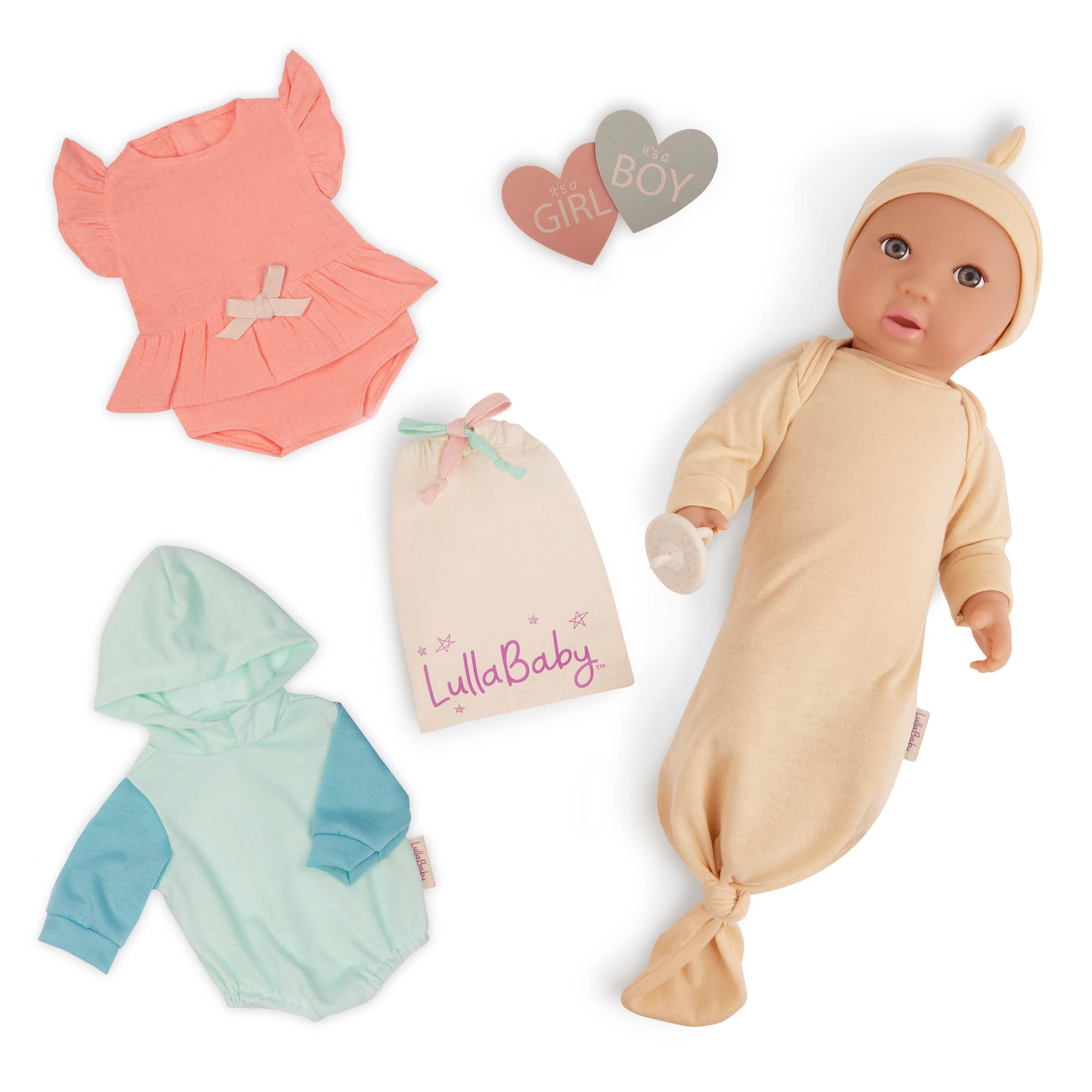 LullaBaby Realistyczna lalka niemowlęca 35 cm - brązowe oczy, porcelanowa skóra i miękkie ciało do przytulania - akcesoria ujawniające płeć chłopca lub dziewczynki - udawaj zabawę przez ponad 2 lata
