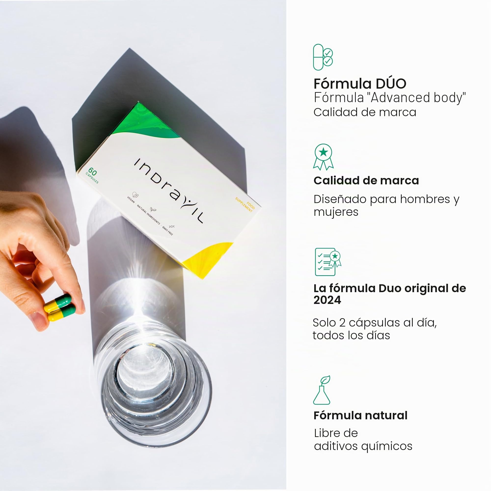 La fórmula DUO original 2024 Apoya el cuerpo con polvo de espirulina, polvo de inulina, Garcinia Cambogia, L-carnitina, L-arginina y zinc, 60 cápsulas (1 paquete)