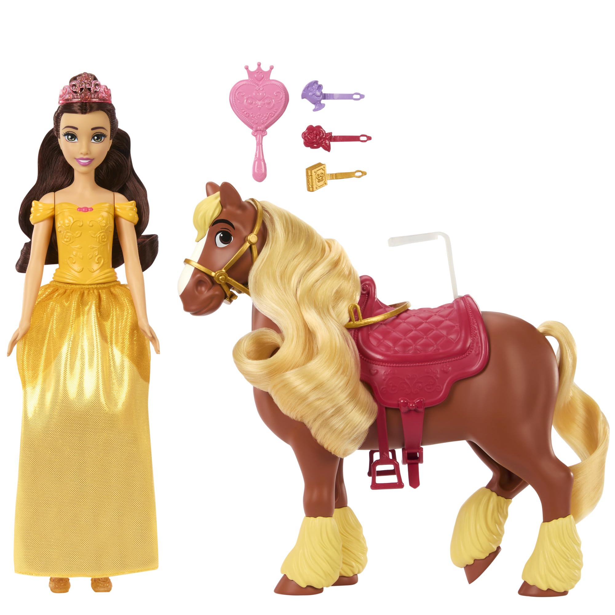 Mattel Disney Princess Toys, Belle Modepuppe & Philippe Pferd mit Sattel, bürstbare Mähne & Schwanz & 4 Styling-Accessoires, inspiriert vom Film