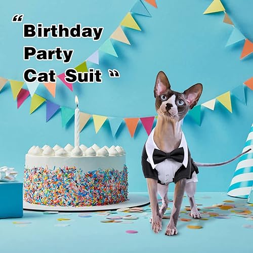 Miniatura 8 de DENTRUN Traje de esmoquin de gato con dos corbatines, elegante camisa de gato, atuendo formal de gato, ropa de moda de gato sin pelo, atuendo formal