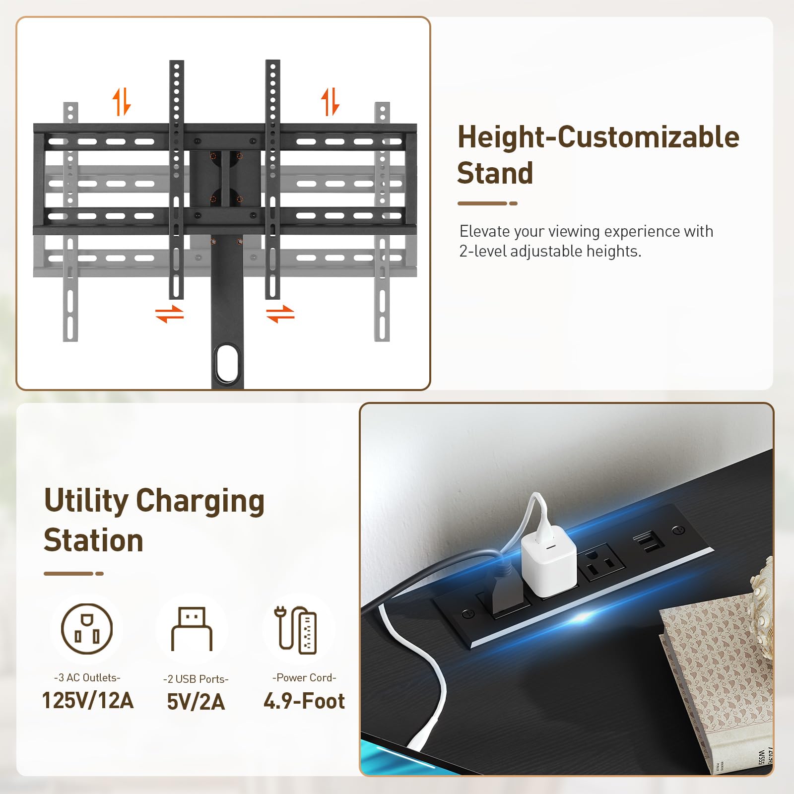 TV Stand with Mount Power Outlet 59.1", Swivel LED Entertainment Center for 32/45/55/60/65/75 inch TVs, Height Adjustable Modern Media Console Cabinet, TV Table for Living Room, Bedroom, Black