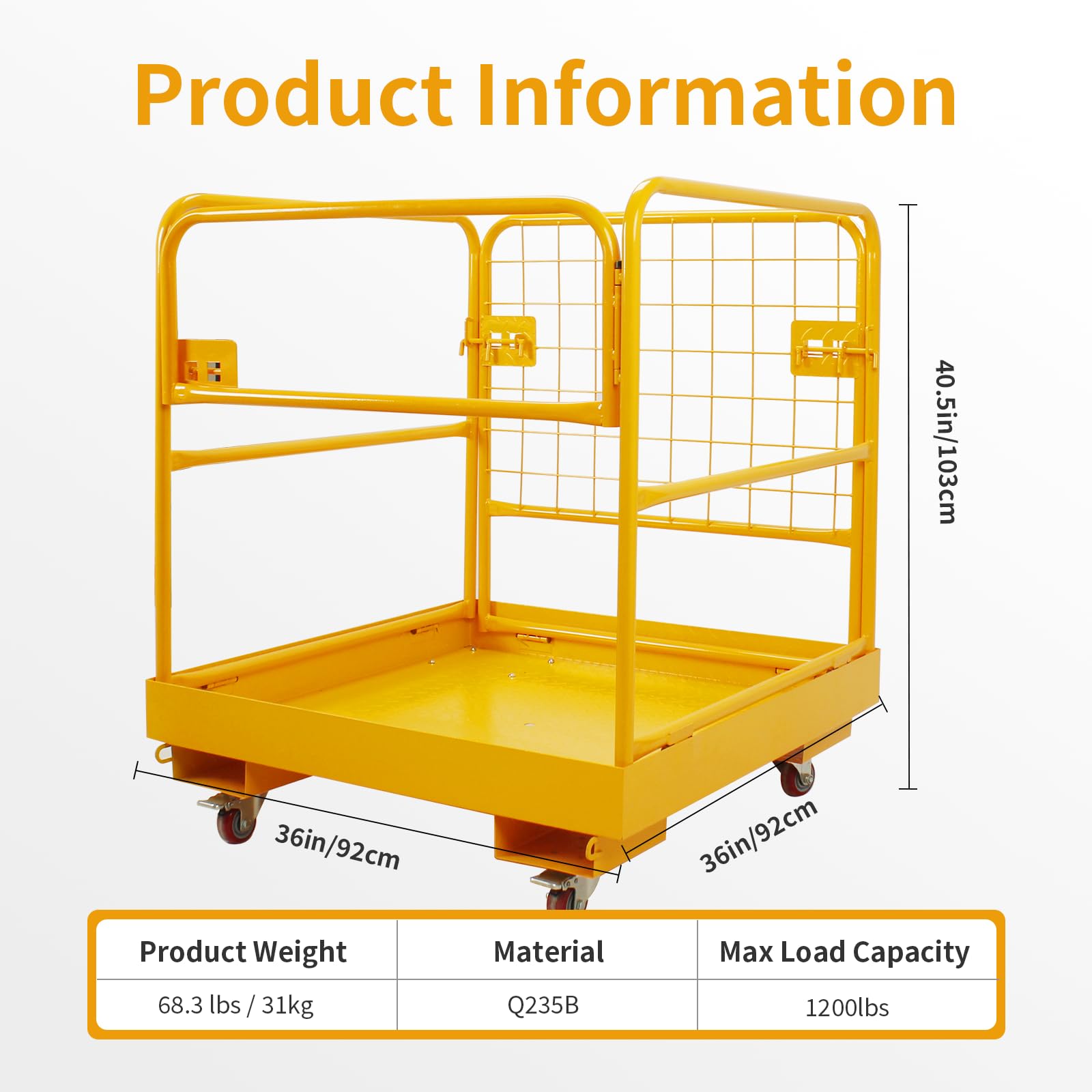 Jaula de seguridad para carretilla elevadora, cesta de elevación de 36 x 36 pulgadas, cesta de carretilla elevadora resistente, capacidad de 1200 libras con 4 ruedas, juego de seguridad,