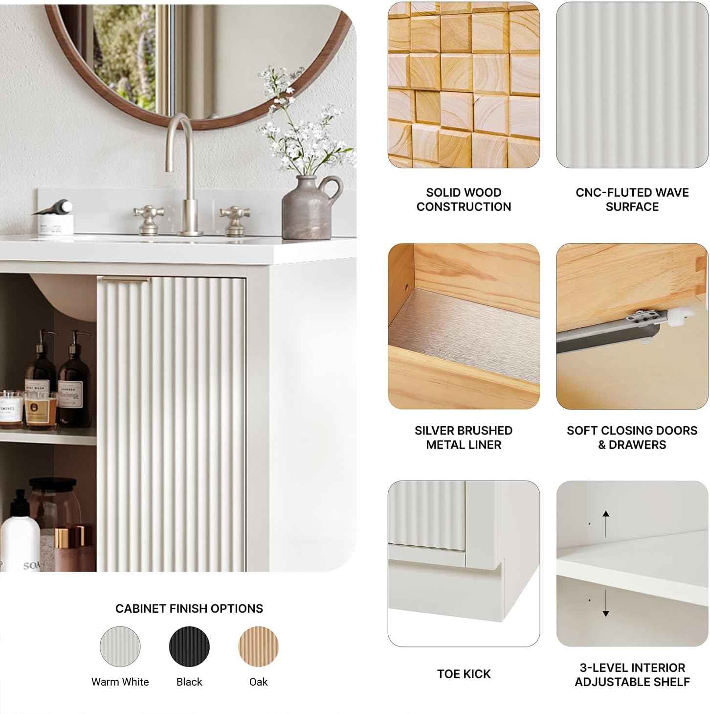 ARIEL Milan 30-inch Bathroom Vanity with Sink,Solid Wood, 1.5-inch Pure White Quartz Countertop & Backsplash, Single Oval Porcelain Sink, 2 Soft Closing Doors, Brushed Nickel, Warm White