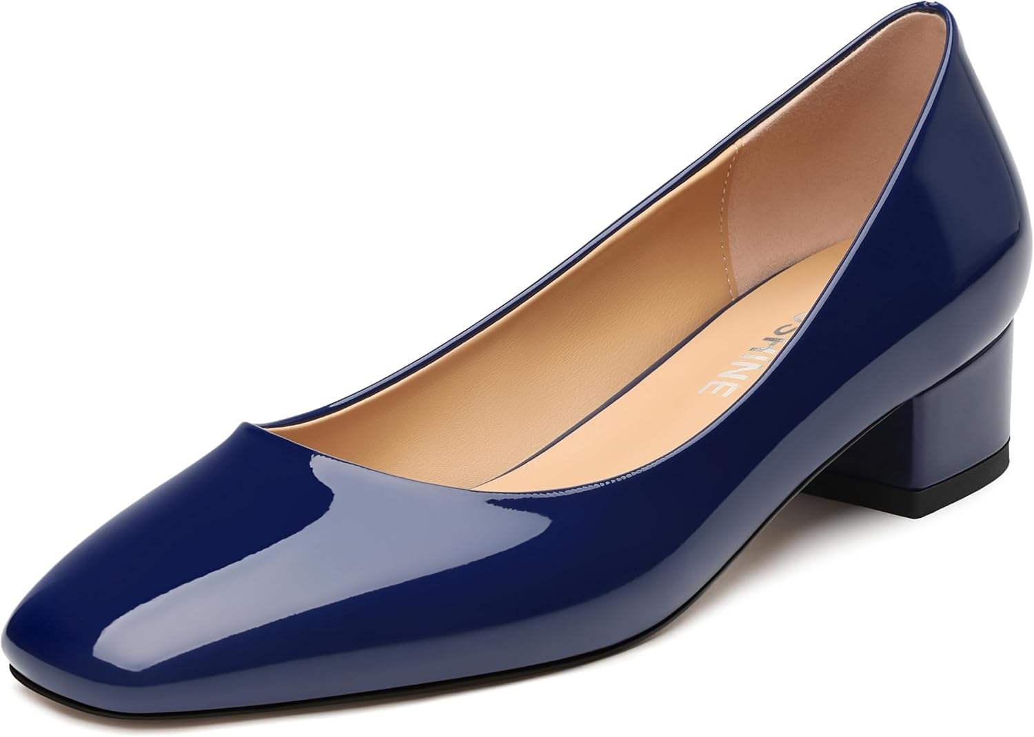 Women's Low Block Heel Pumps Slip On Square Close Toe Chunky Heels Comfortable Office Work Business Casual Professional Patent Dress Shoes 1.2 Inch