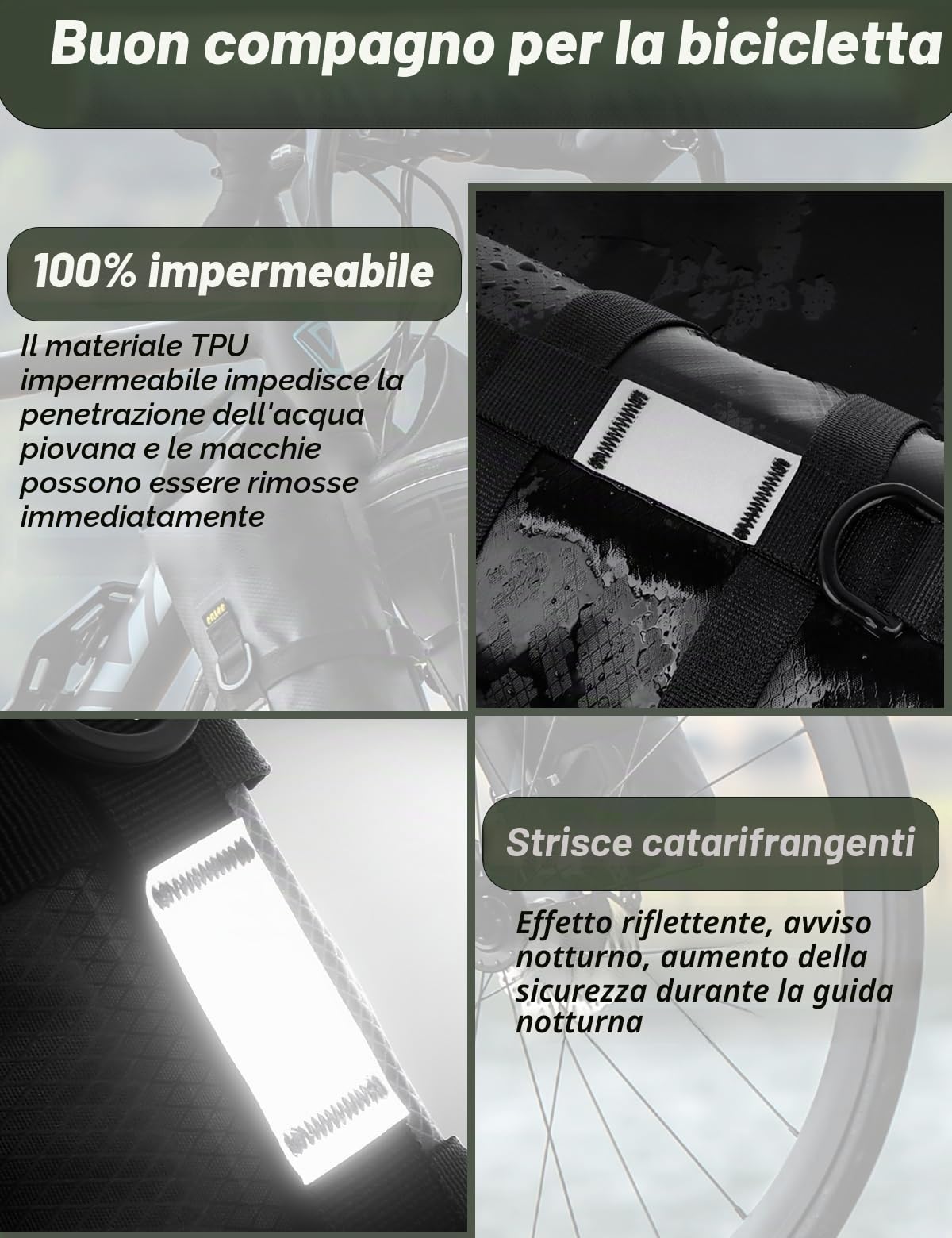 2 set di borse per bicicletta, 4 L + 4 L, con supporto versatile, 100% impermeabile, compatibile con mountain bike e bici da strada