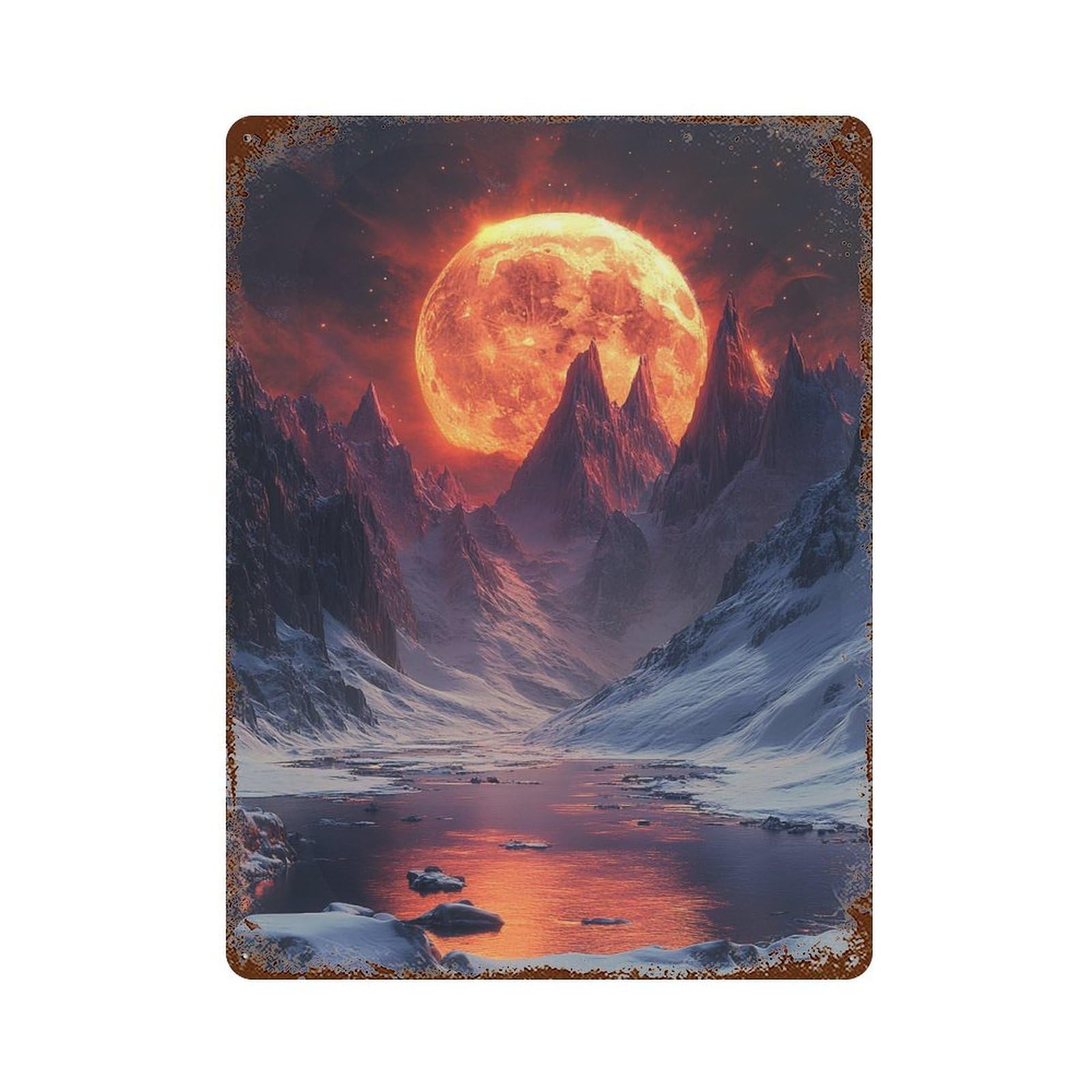 Fiery Moonlit Mountain Valley Vintage Rust Metal Sign 15.7"x11.8", for Garage, Bar And Workshop Decor, Decorative Metal Wall Art