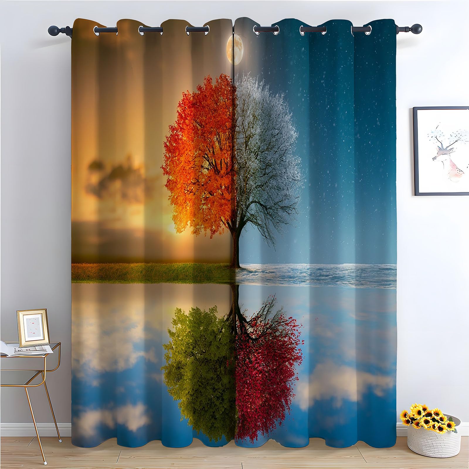 Rideaux style peinture de paysage arbre reflet eau pleine lune