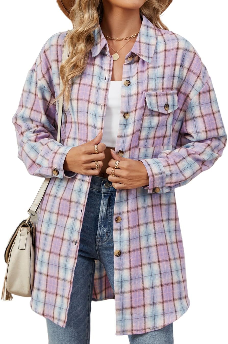 Flannel Shirt Women Button Down Plaid Shirt Long Sleeve Coat Tops Trendy Business Casual Blouse