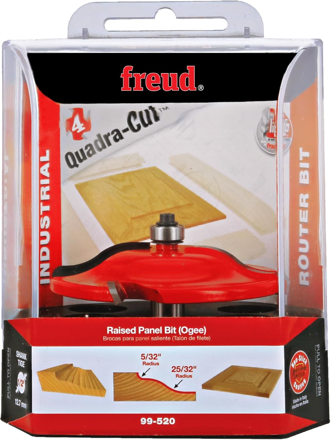 Freud Quadra-Cut Raised Panel Bit for Doors, Drawer Fronts, Paneling, and Decorative Tasks - 3-1/2" Diameter, 7/32" Height, 2-1/2" Length, 25/32" Radius, 1/2" Shank - 99-518
