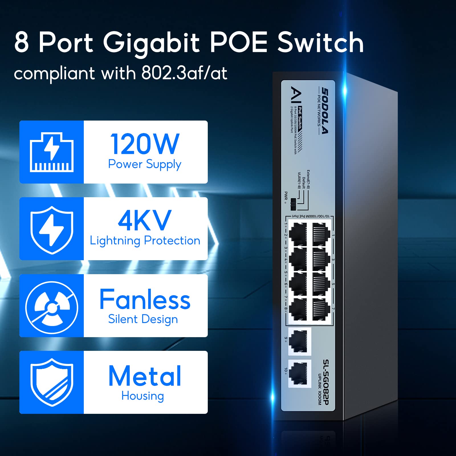 SODOLA Commutateur PoE Gigabit 8 ports, 2 liaisons montantes Gigabit, alimentation intégrée 120 W 48 V, 802.3af/at, commutateur réseau PoE non géré Plug & Play