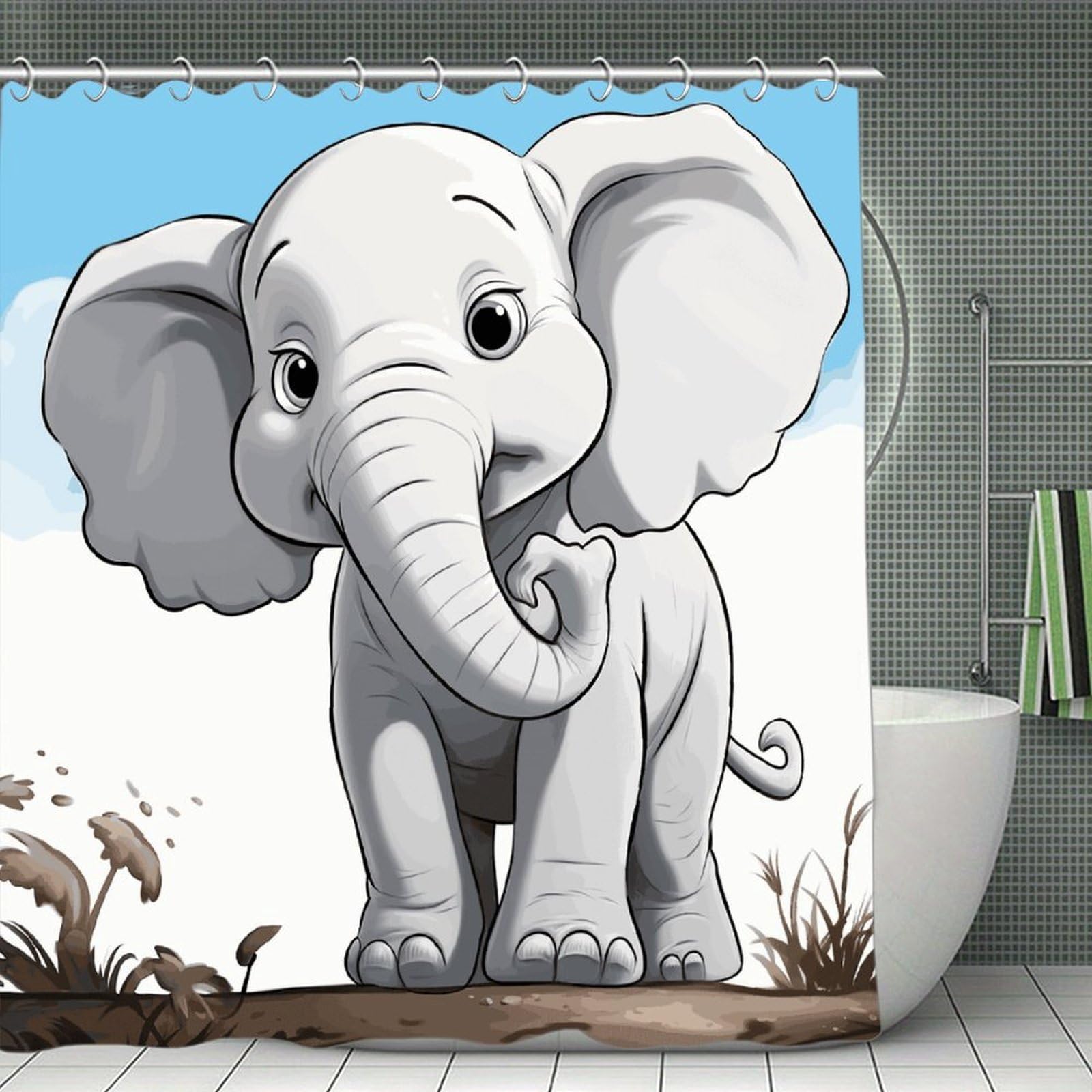 VstaDank White Elephant Shower Curtain 71x71 Heavy Duty Polyester Cloth Bath Curtain with Hooks Thick Waterproof Shower Liner Fun Magic Decorative Bathroom Curtains for Bathtub