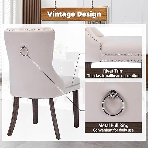 Miniatura 38 de Juego de 2 sillas de comedor, sillas de terciopelo copetudas con patas de acero inoxidable doradas, anillo de metal con ribete de remache, respaldo