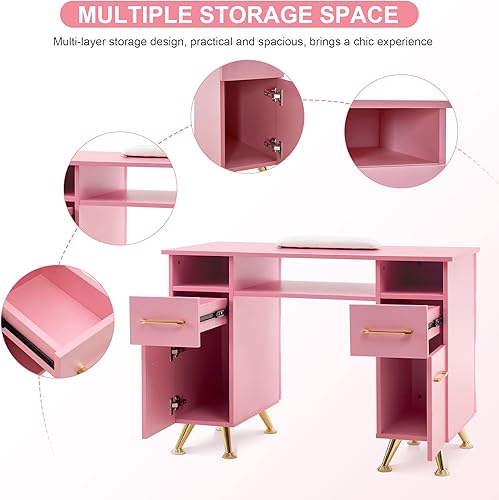 Miniatura 7 de BarberPub Mesa de manicura con cajones, escritorio de uñas resistente a la acetona, equipo de almacenamiento de salón de spa 2671 (rosa)