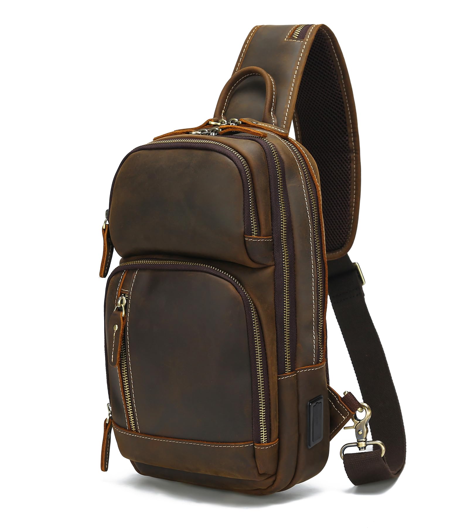 Full Grain Leather Sling Bag For Men Crossbody Chest Daypack fits 10.5" iPad