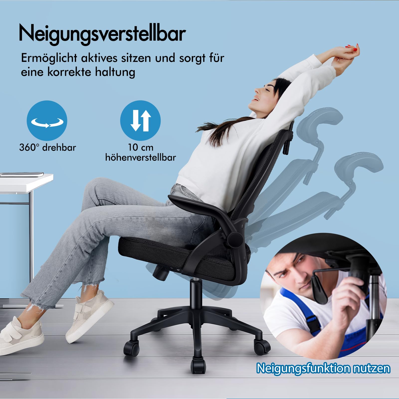 ALFORDSON Netzstuhl Bürostuhl Mesh Chefsessel Wippfunktion, ergonomisch Schreibtischstuhl höhenverstellbarer,360° Drehstuhl, PC-Stuhl Besprechungsstuhl,klappbare Armlehnen,180 kg belastbar,Schwarz