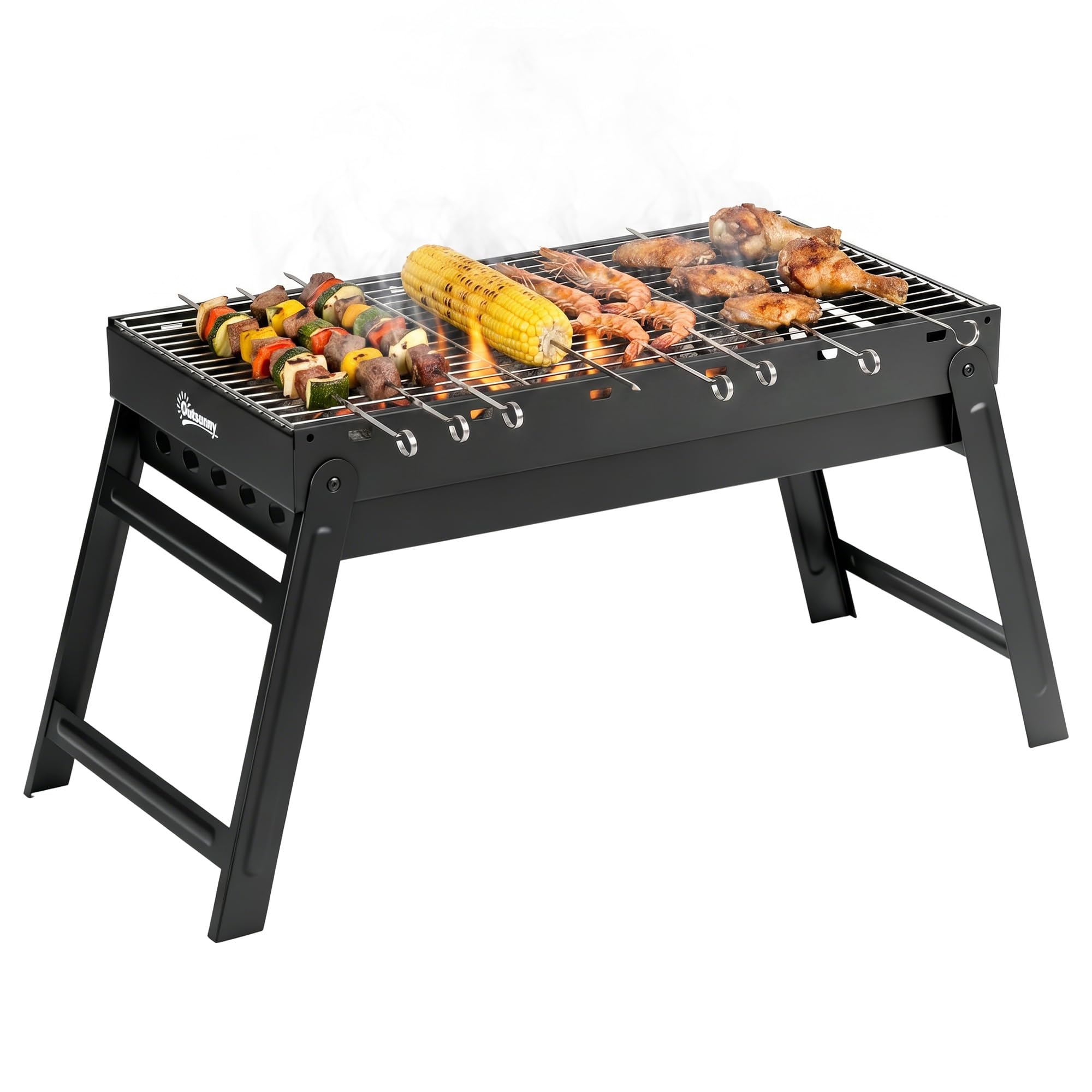Outsunny Black Portable Charcoal Grill With Pull-Out Charcoal Basin, Folding Tabletop Barbecue, Compact Camping Bbq, Galvanised Metal, 73 X 31 X 38 Cm,