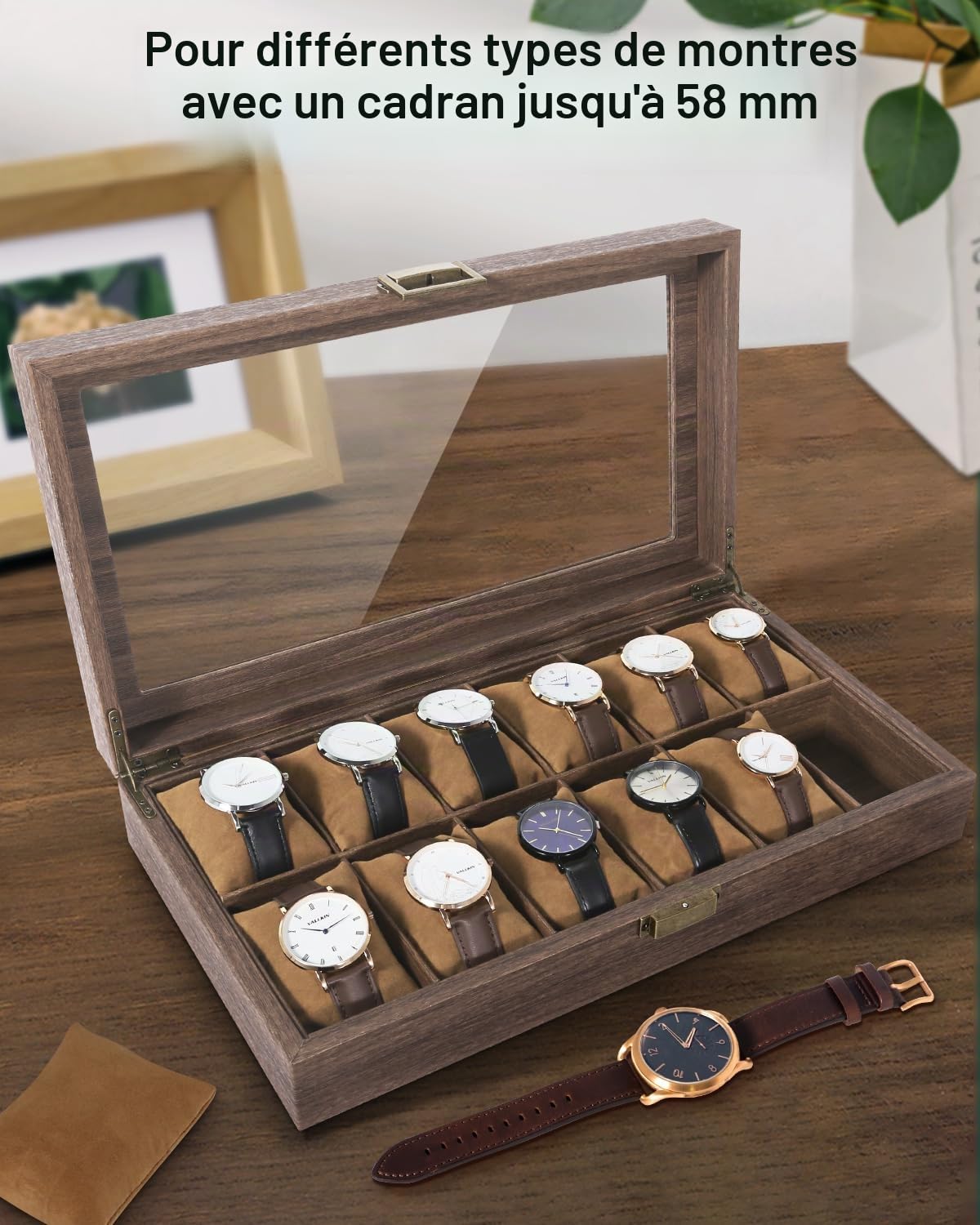Uten Boîte à Montres avec 12 Compartiments, Vitrine de Montres, Boîte de Rangement pour Montres avec Coussin Amovible, Grain de Bois